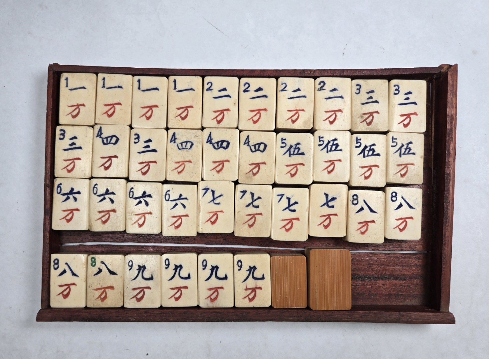 Mahjong Hand Carved Tiles in Original wood trays c.1920 Bamboo Bone 210 tiles +