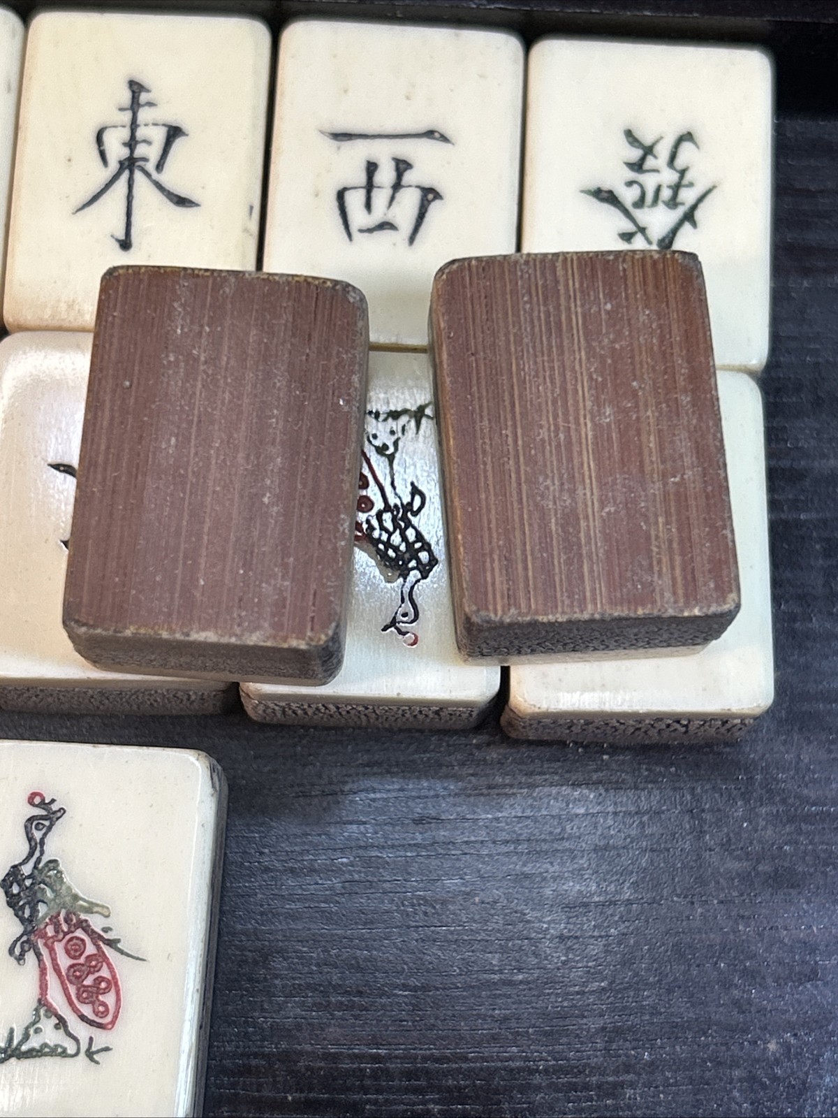 Vtg Chinese Mahjong Tiles Set w Characters Inlay Drawers Box Chest