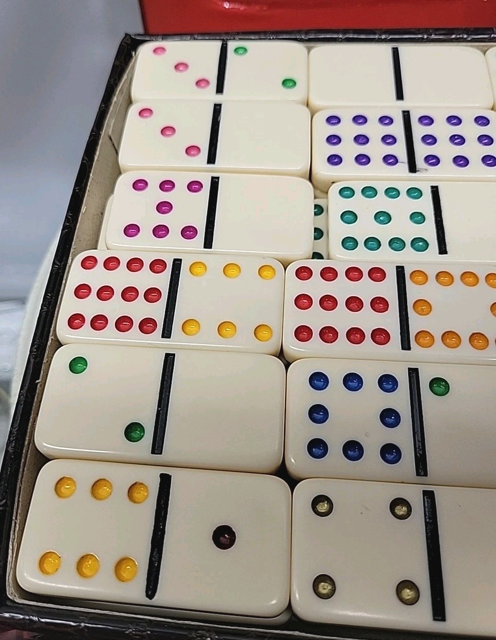 Double 12 Dominoes Set Faux Crocodile Case Multicolor Pips + Bonus Tiles 1980s