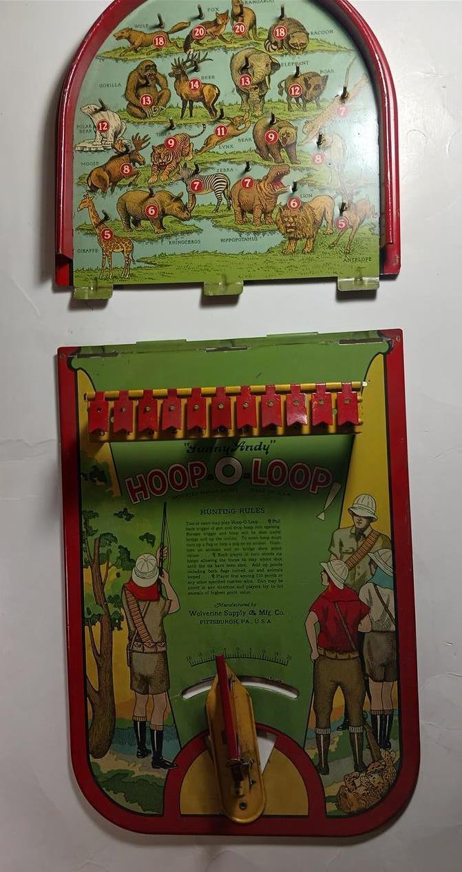 VINTAGE SUNNY ANDY HOOP O LOOP HUNTING GAME WOLVERINE 1925 SHOOTING TIN TOY