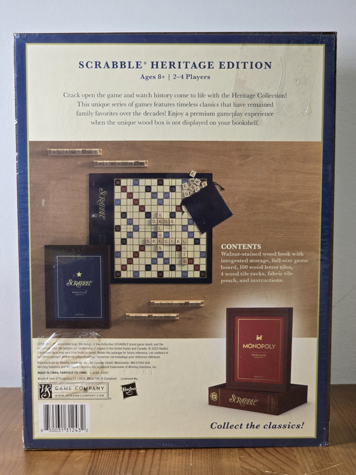 2025 Hasbro SCRABBLE HERITAGE EDITION – Wood Bookshelf Board Game NEW SEALED