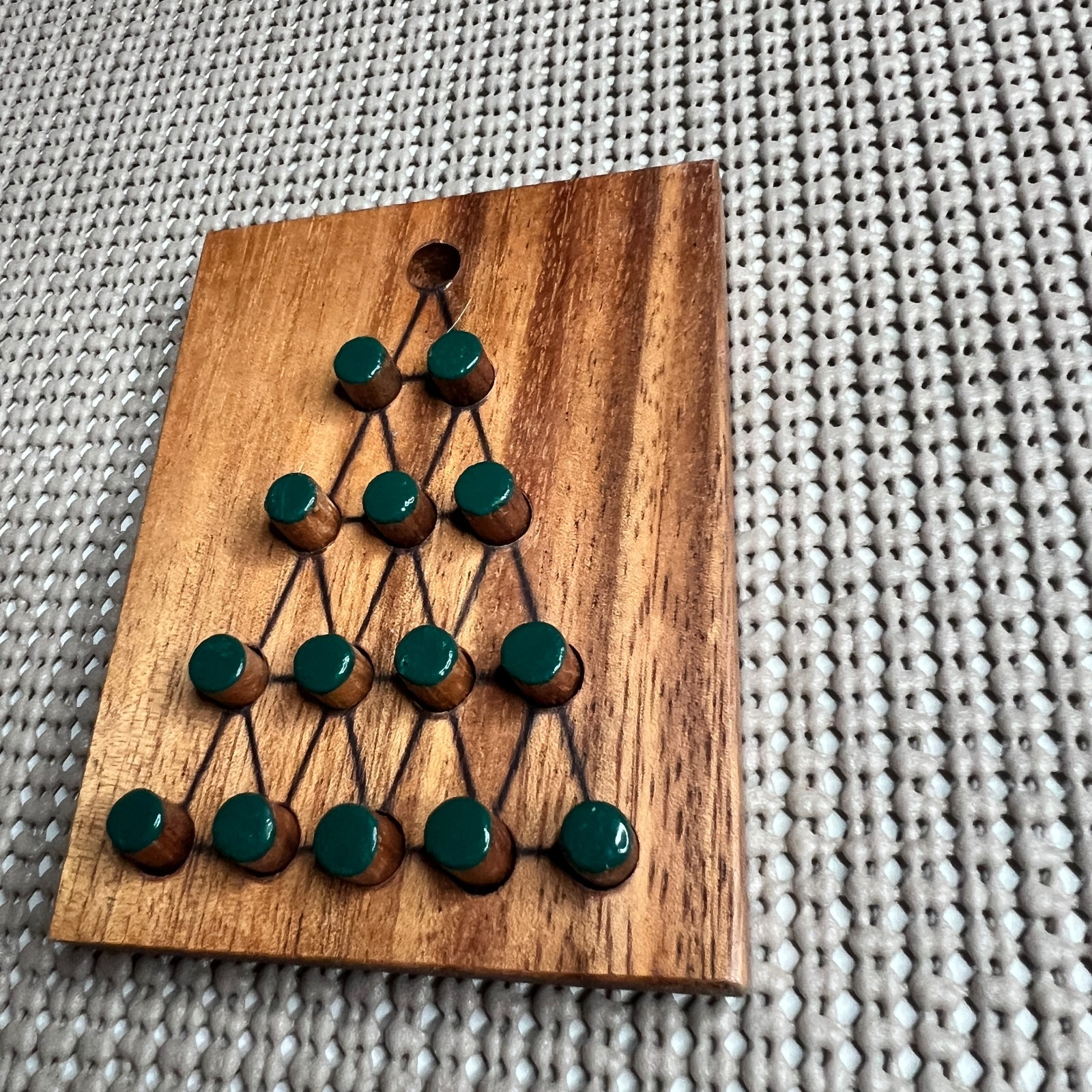 Vintage Wooden Peg Solitaire Triangle Board Game with Green Pegs