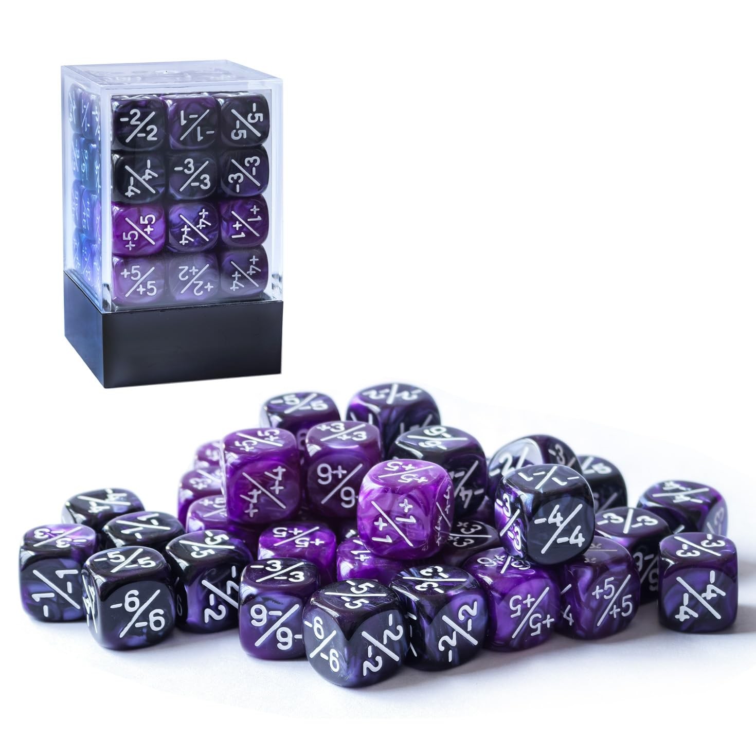 Set of 36 Positive and Negative Dice Counters in 12mm Purple and Violet Sc…