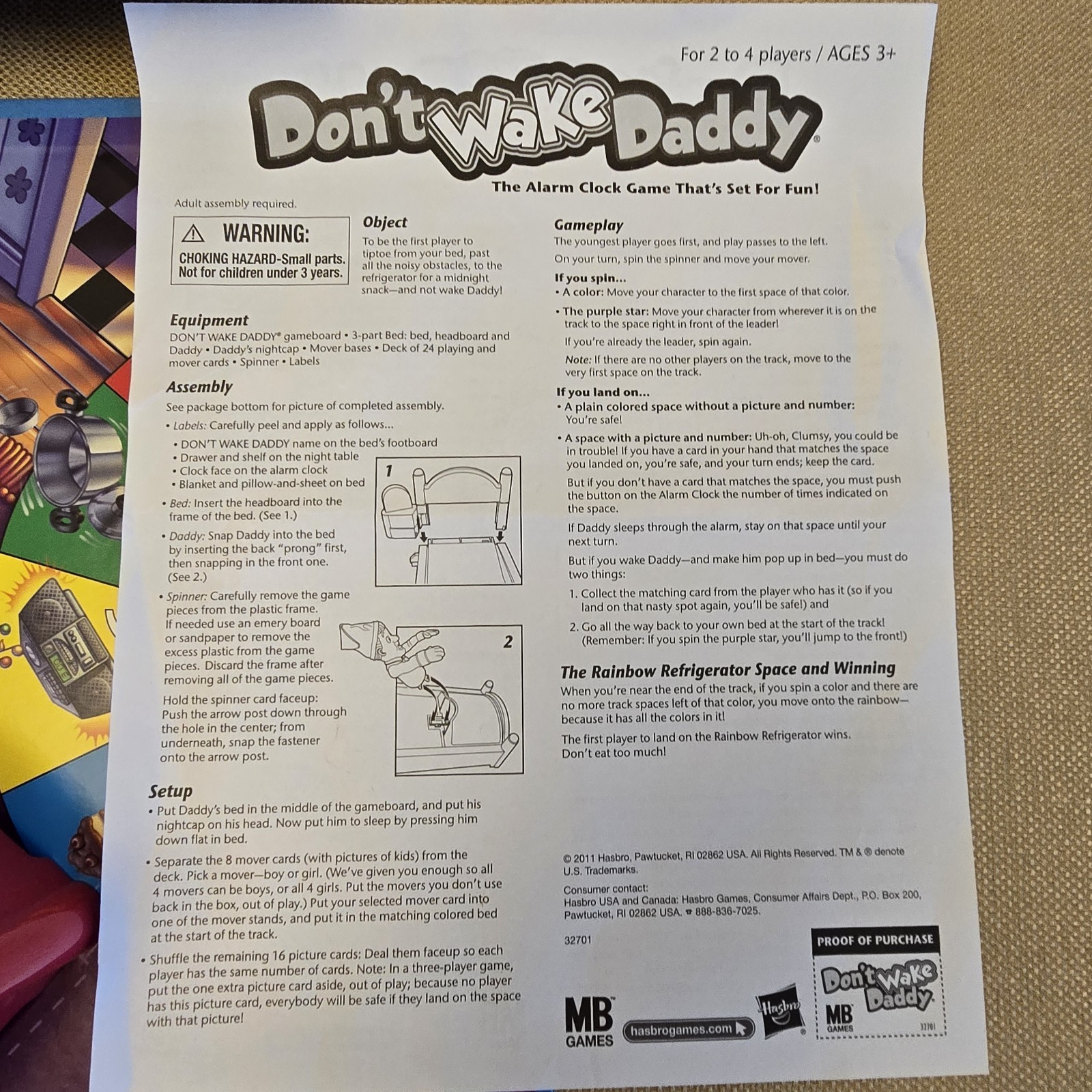 2011 Don’t Wake Daddy Board Game, Milton Bradley, Award Winner, Tested – Works