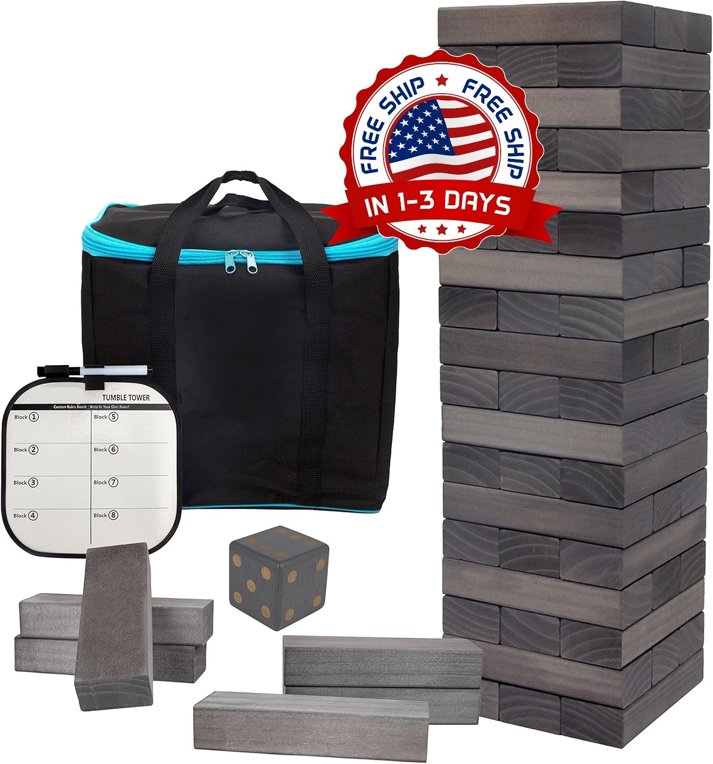 Juego de 54 bloques de torre gigantes de madera apilables de color negro US NEW