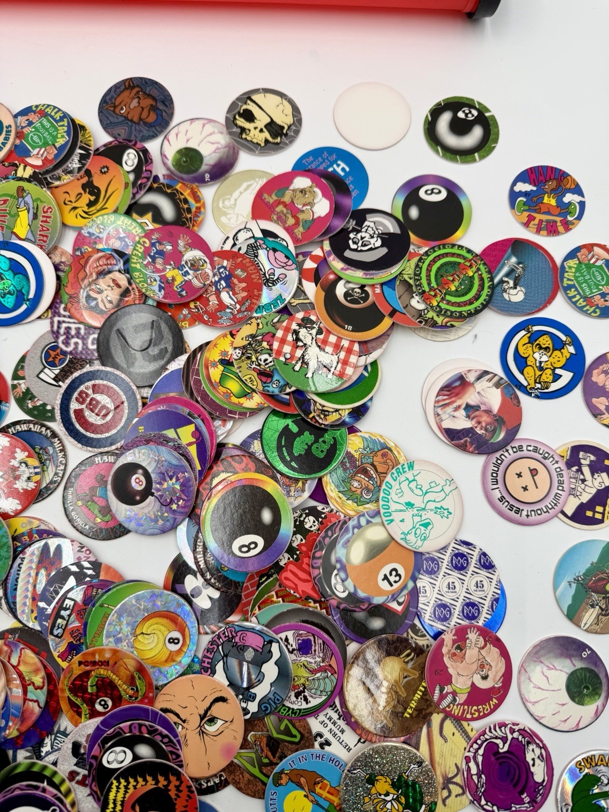 Huge Lot Of 350+ Pogs Milk Caps 1990’s Nostalgic Collectible W Storage Tube
