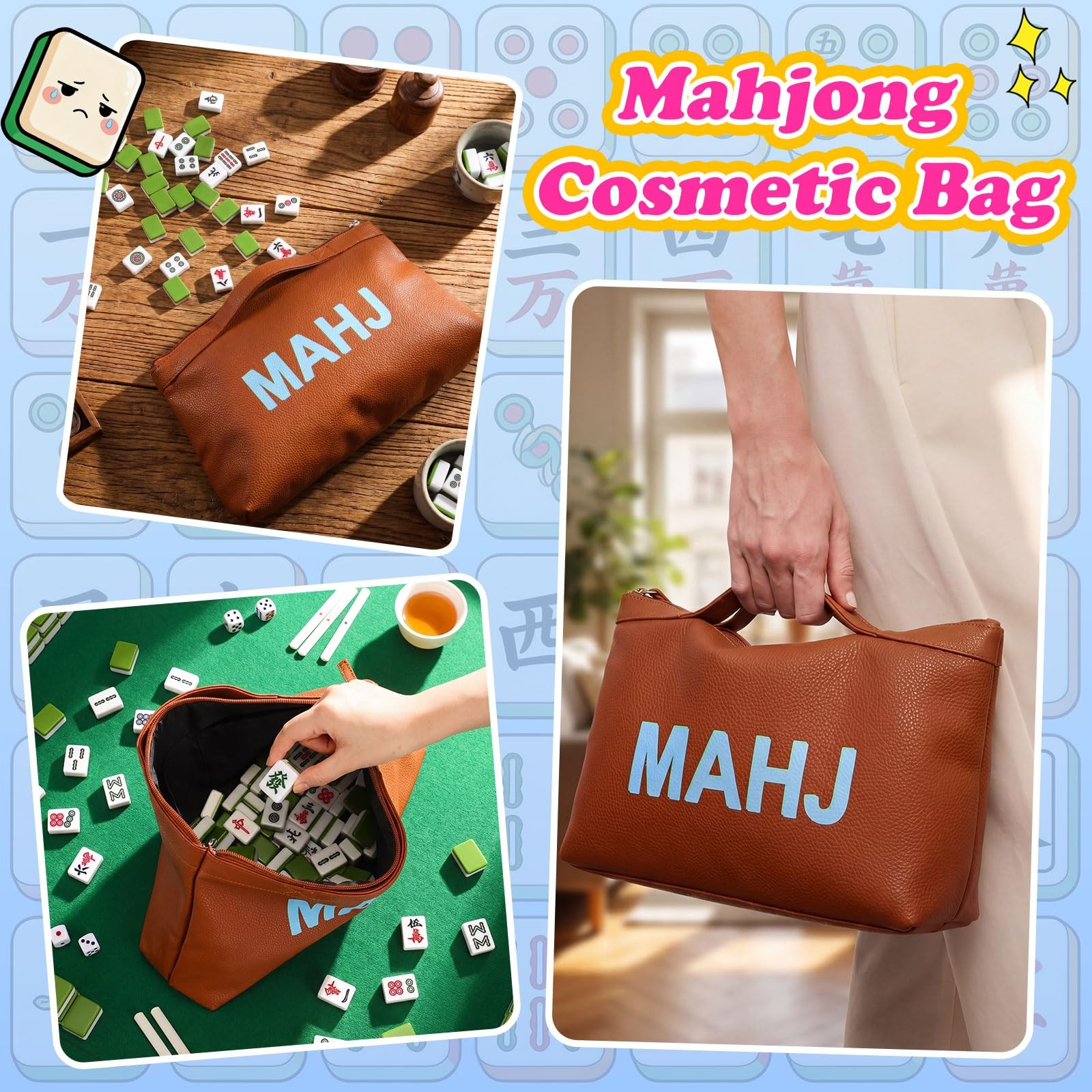 Leather Mahjong Tile Bag with Zipper Handle Lining Mahjong Storage Pouch for …