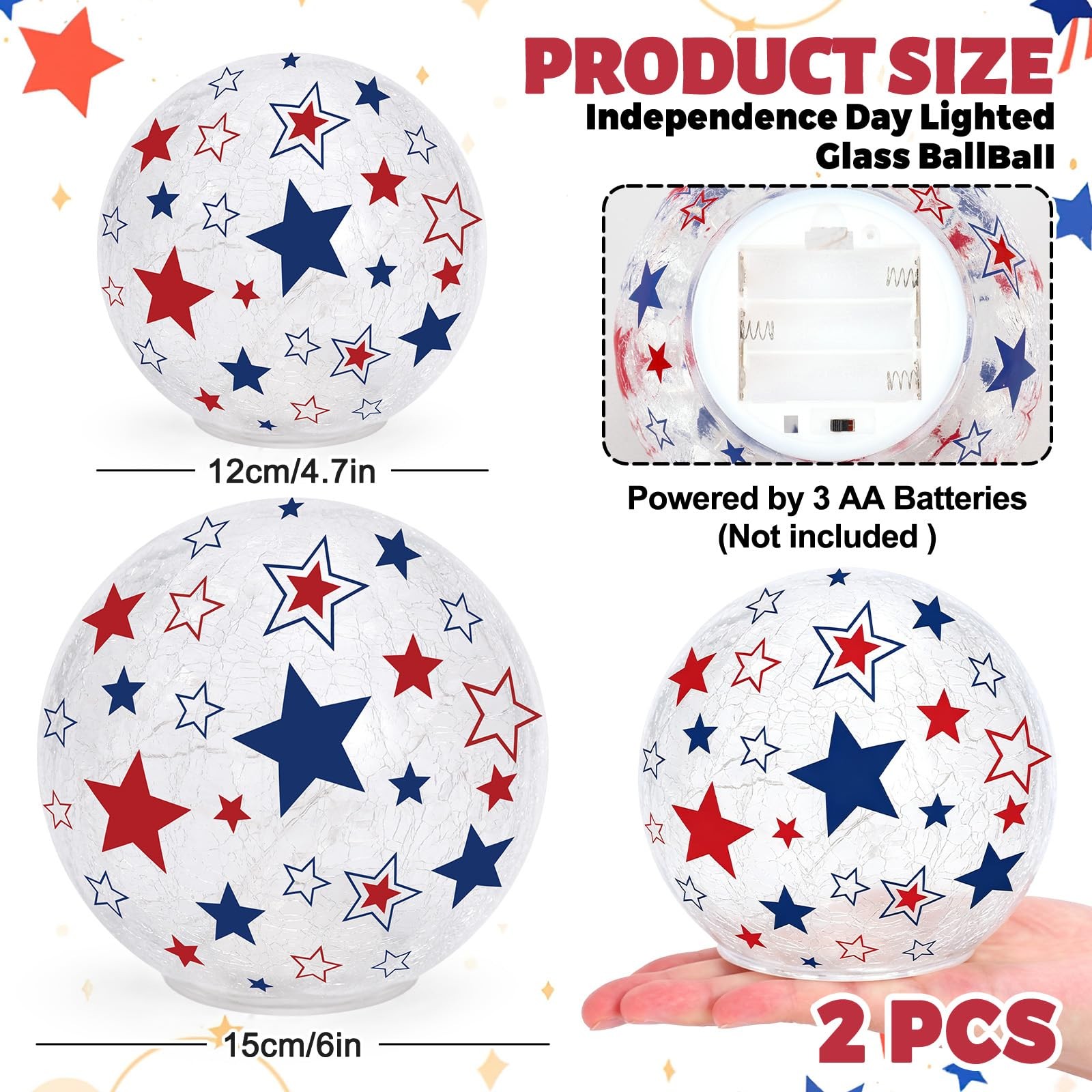 Patriotic Lighted Decorative Glass Ball 4th of July Party Decoration 4.7/6 in