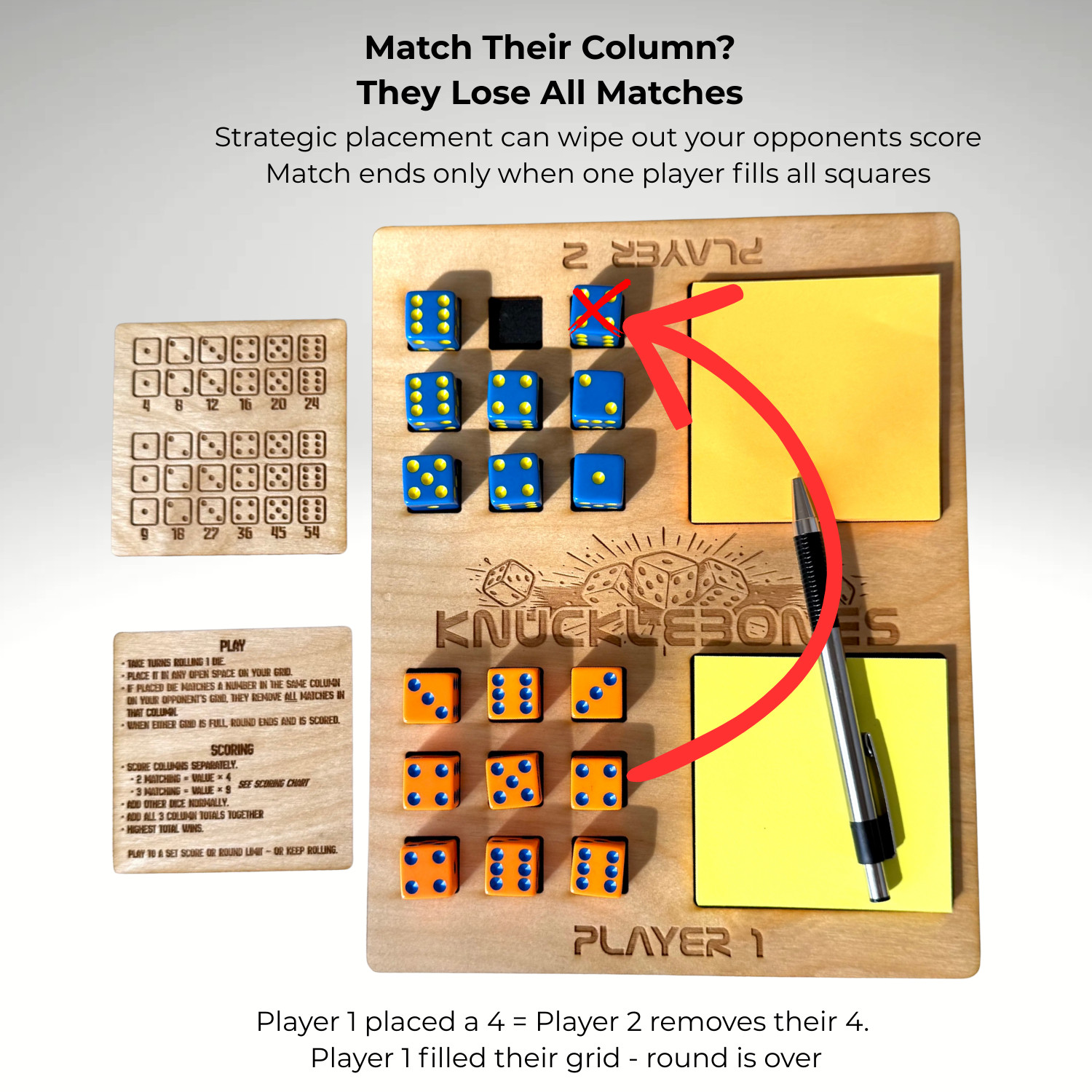 Handcrafted Wooden Knucklebones Dice Game – 2 Player Strategy Board w/ 18 Dice