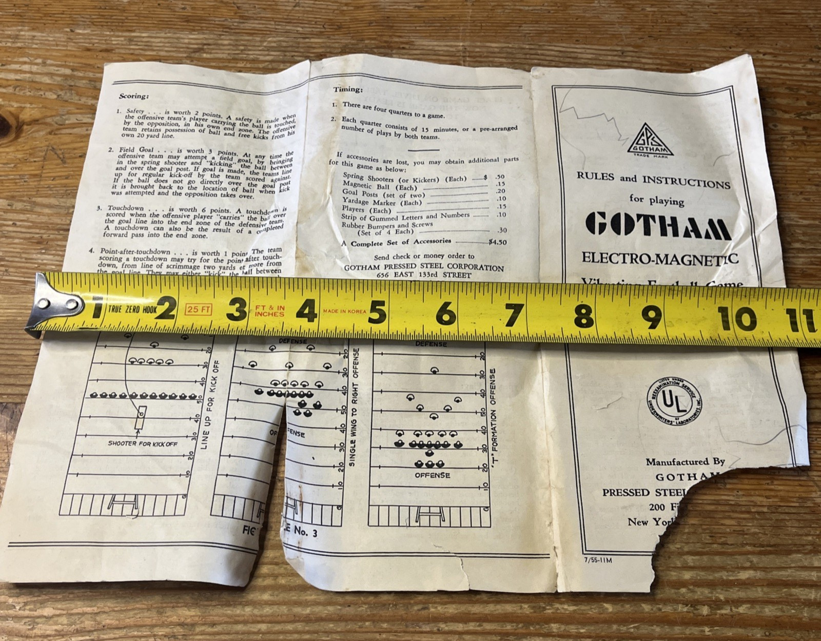 Vintage Gotham Electric Football Replacement Instruction Manual Booklet