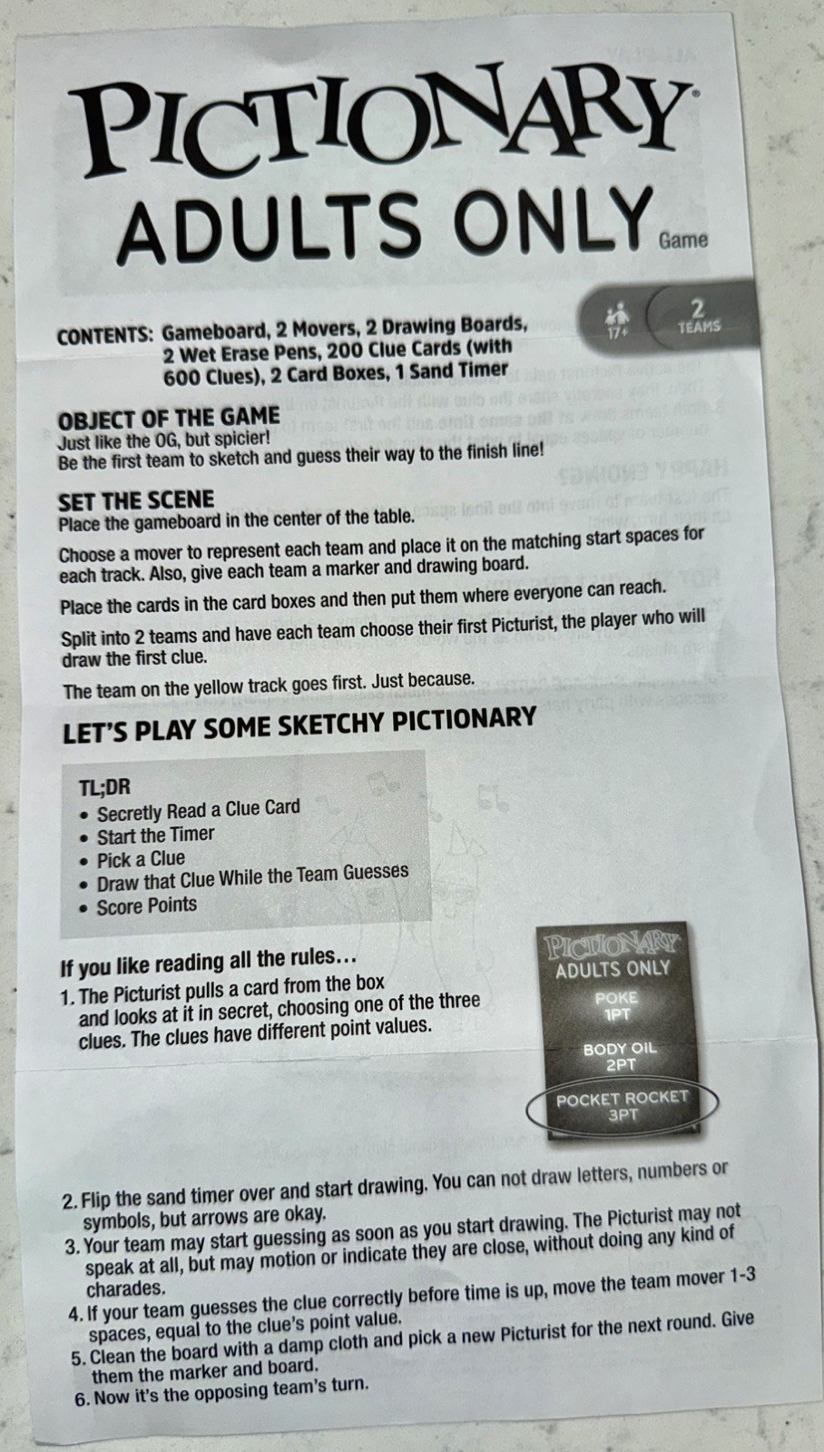 Pictionary Adults Only Don’t Keep Your Mind Out of the Gutter 2 Teams 17+ Player
