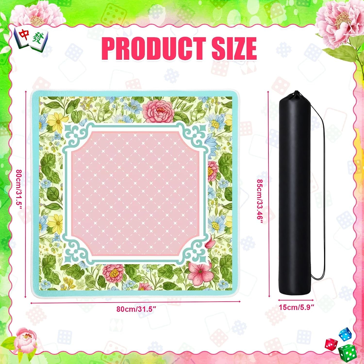 Floral Mahjong Table Covers 31.5″ x 31.5″ with Carrying Mahjong Mat for Table