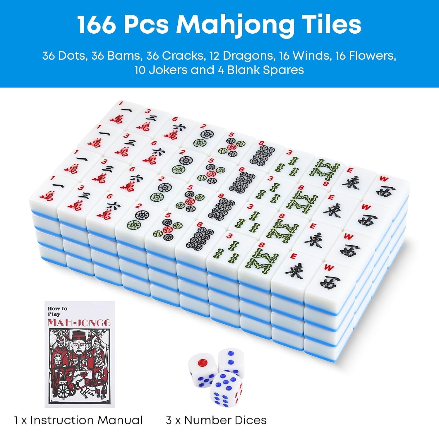 166 Piece American Mahjong Tile Set 1.2 Inch Mahjong Tiles with 3 Dices and