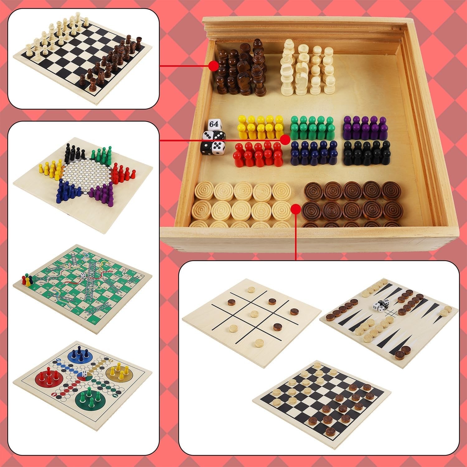 7-in-1 Wooden Board Game Set for Kids Adults, Tabletop Combo Classic Travel Port