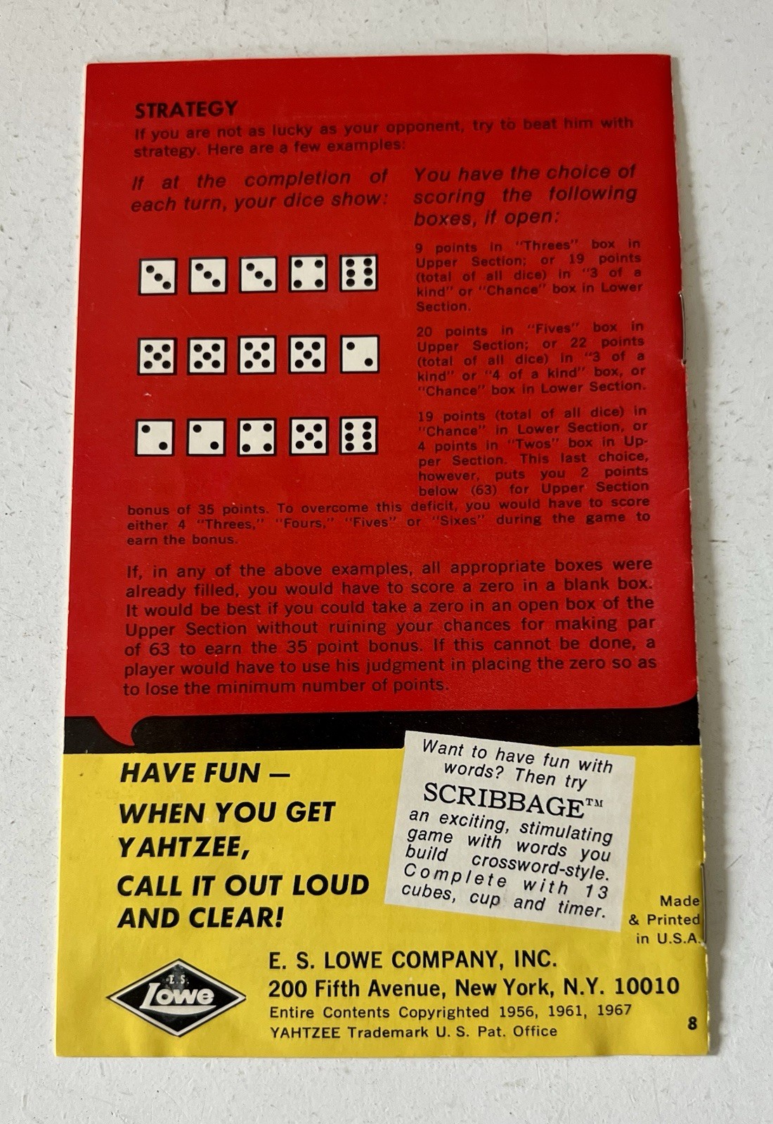 Vintage 1956 Yahtzee Complete E.S. Lowe Dice Game w Dice Cup Box Manual VG! MCM