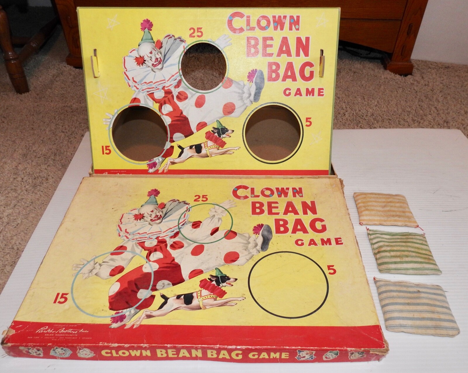1958 Vintage Clown Bean Bag Toss Game Parker Brothers Complete, original bags