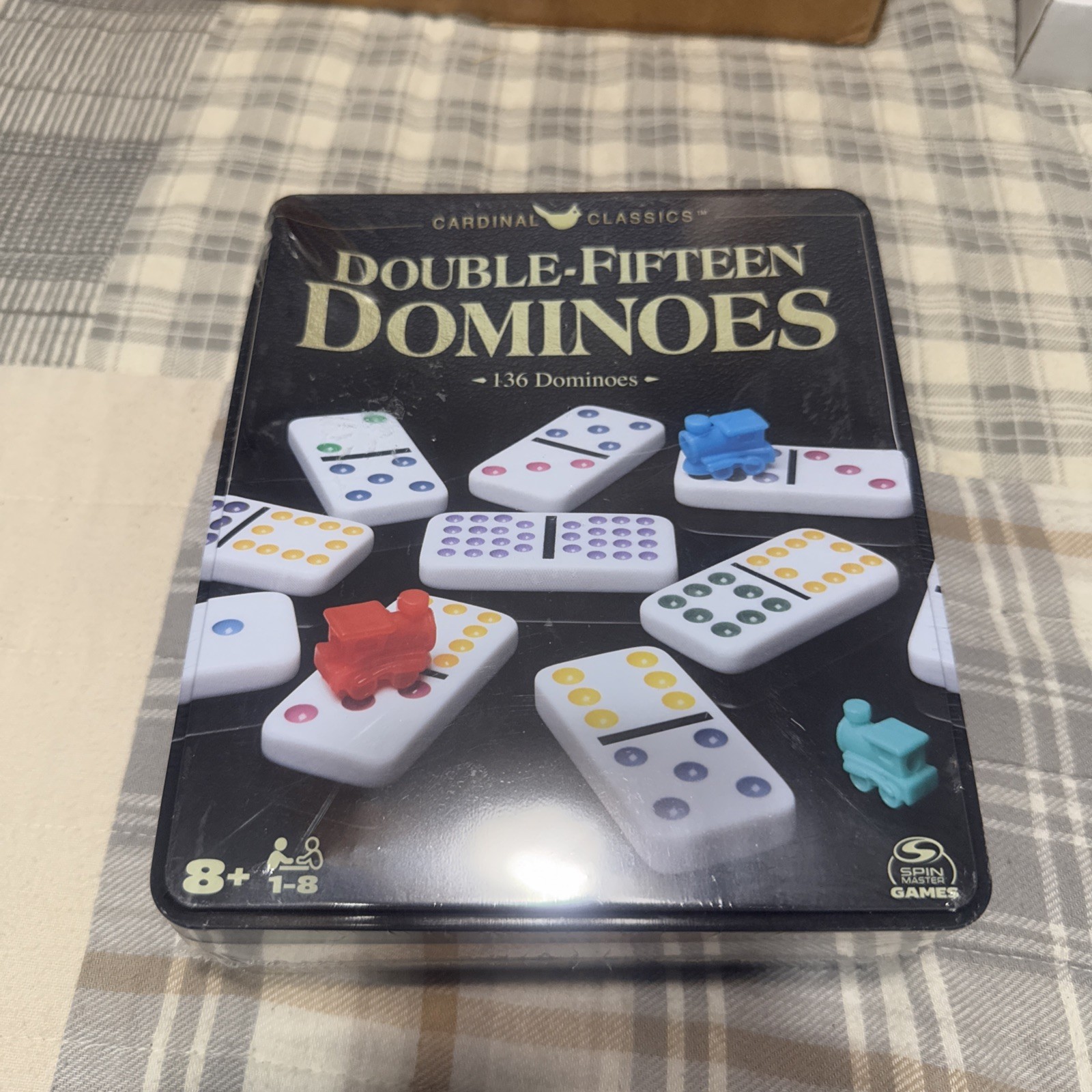 (Dented Box) Double Fifteen Dominoes Set in Storage Tin, for Families and Kids