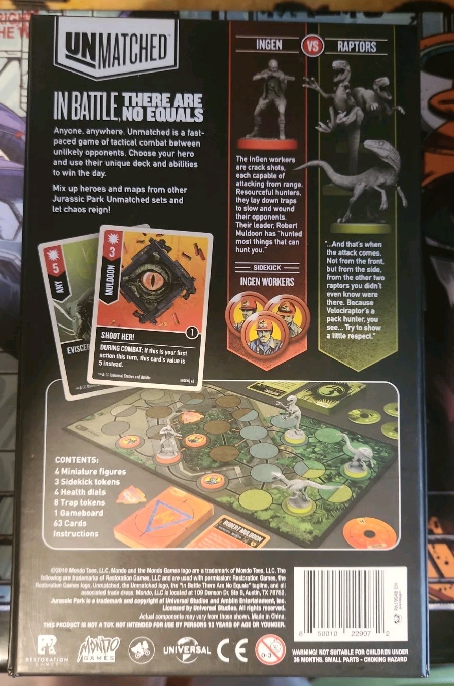 Unmatched Jurassic Park Ingen vs Raptors Board Game, 2 Players, Mondo Games