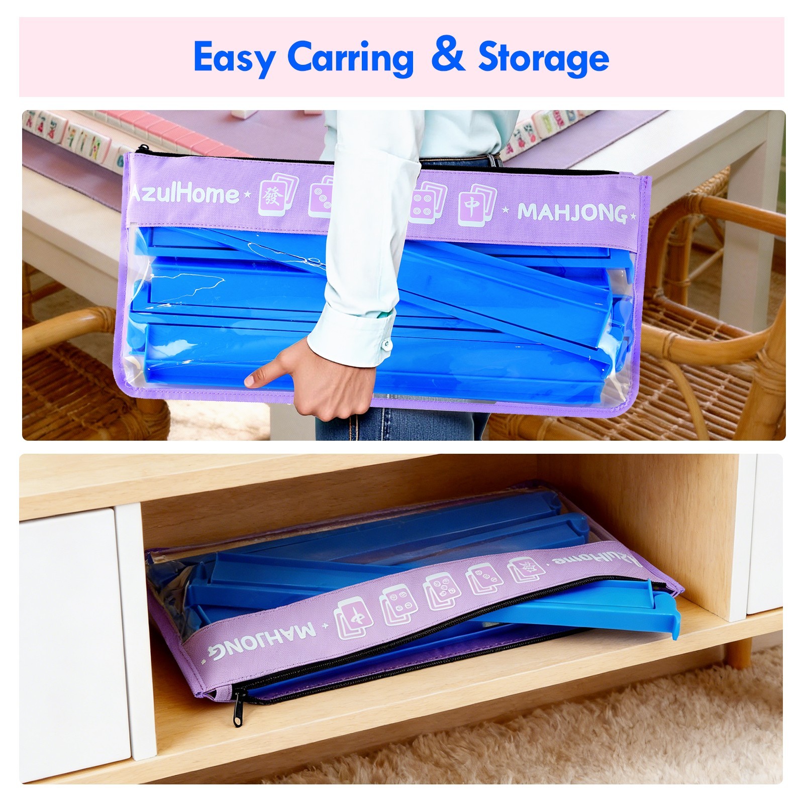 4 Pack Acrylic Mahjong Racks with Pushers Combo, All-in-One Tile Pushers, Blue