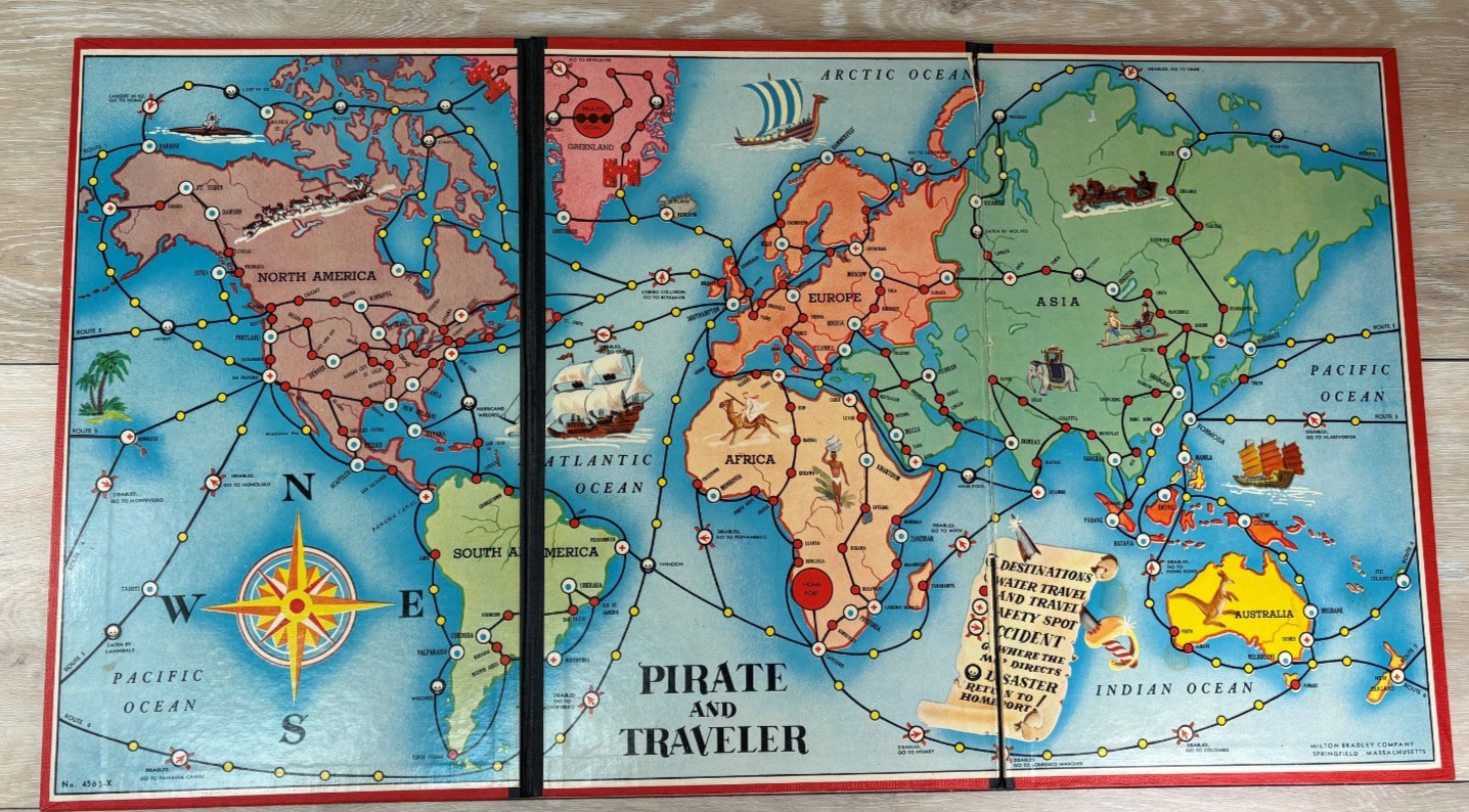 Vtg. 1953 PIRATE & TRAVELLER- A World Geography Board Game MB Complete #4563-D