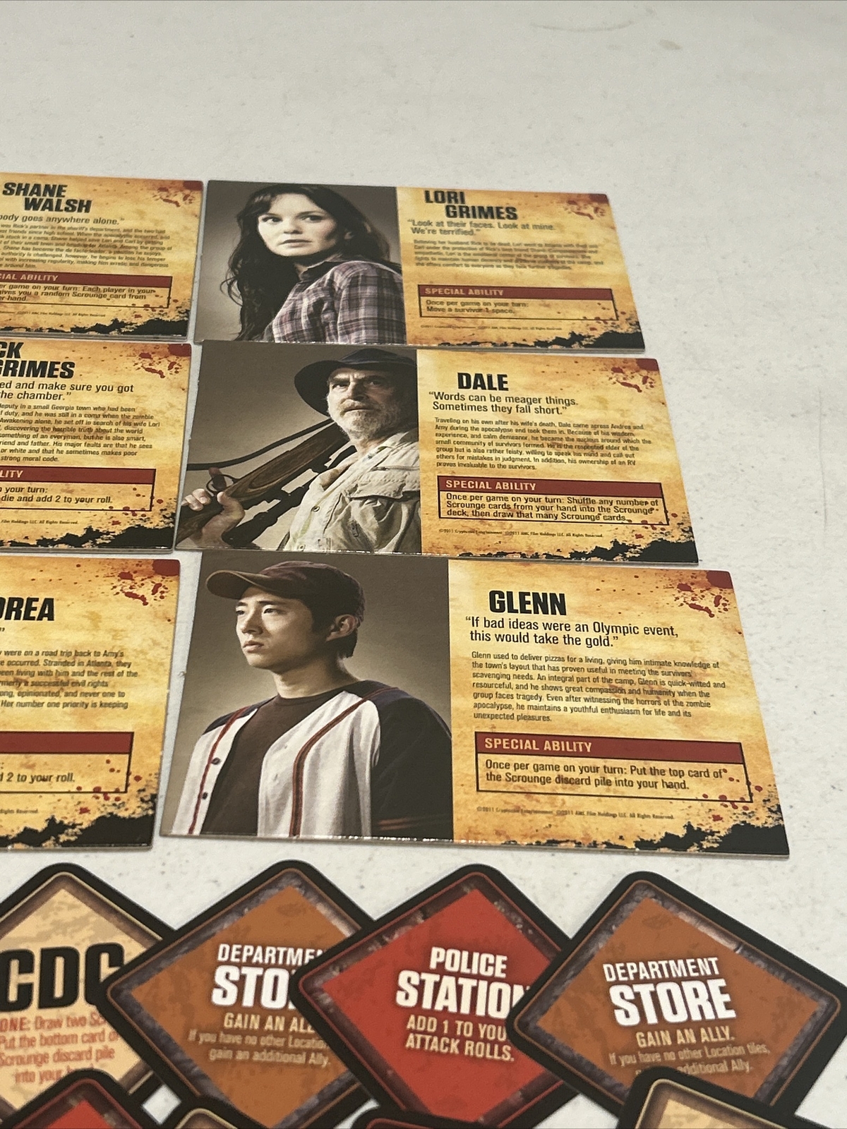 2011 The Walking Dead Board Game Replacement Lot Character Cards And Location