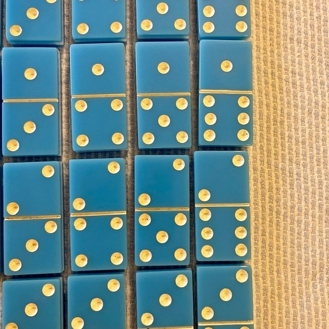 Vintage Two-Tone Blue and White Double Six Dominoes Complete 28 Set Wood Box