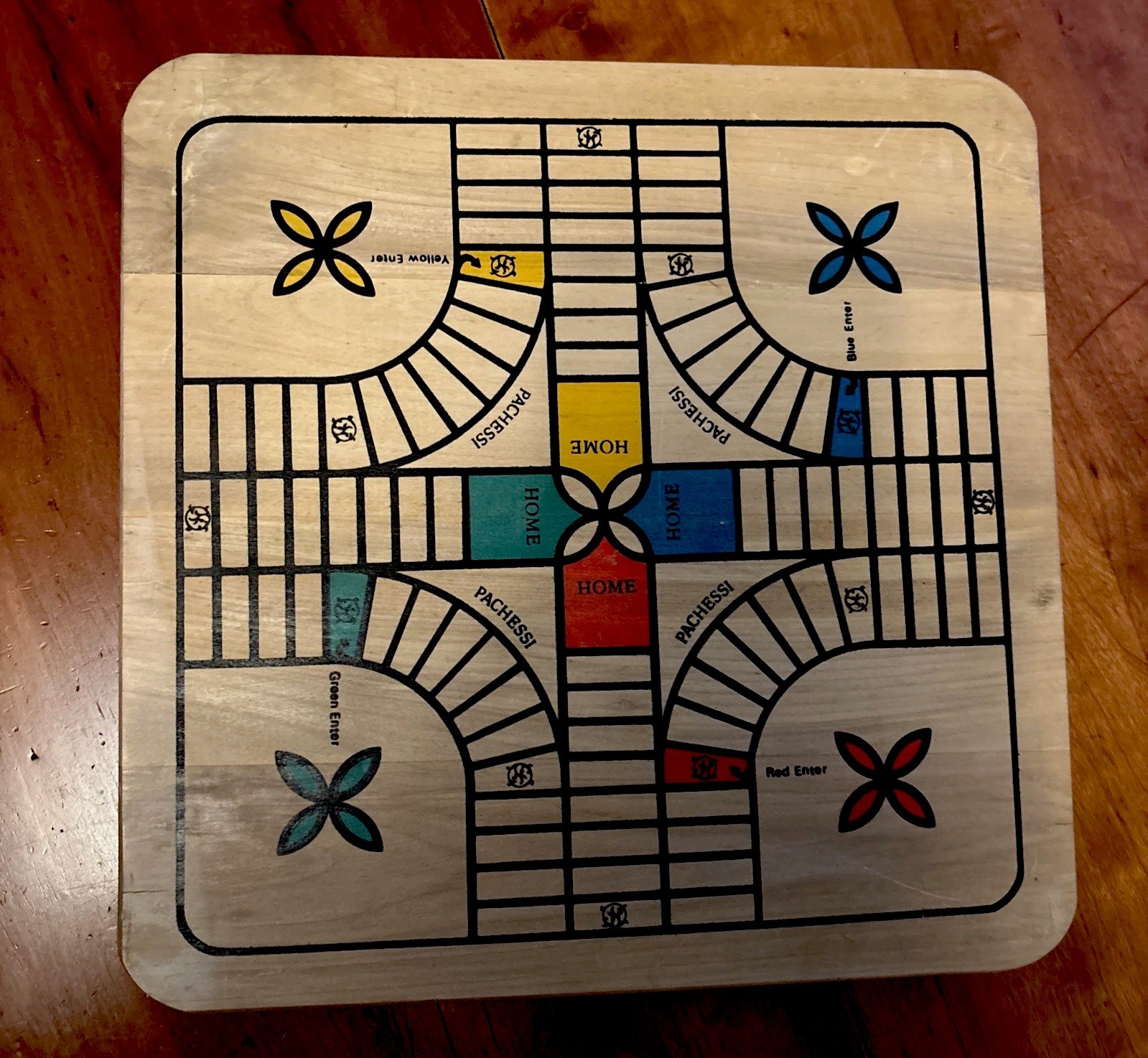 Vintage Wooden Painted Reversible Chess/Checkers/Pachesi Board Game 11″