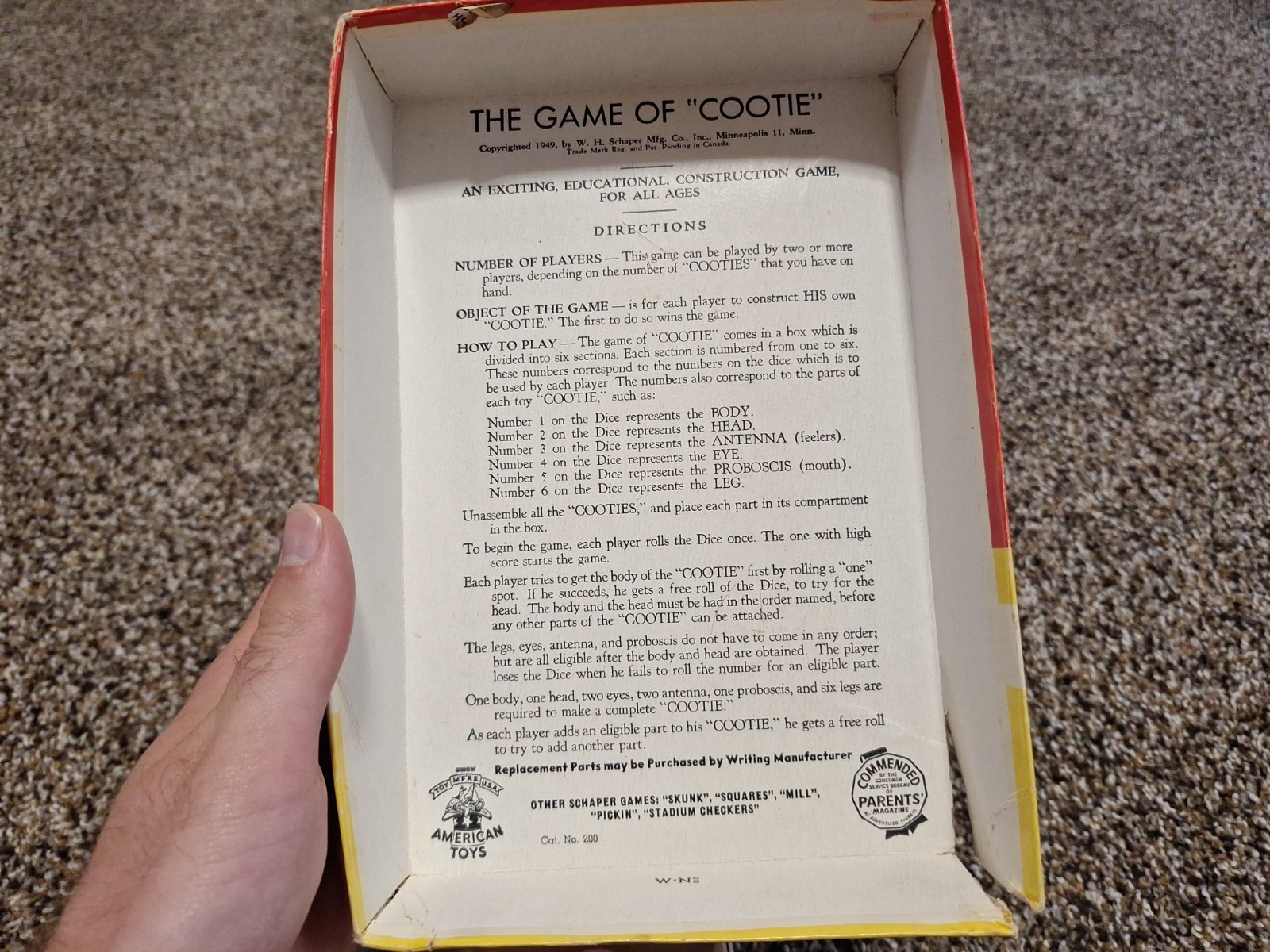 W.H. Schaper Cootie Educational Board Game Bugs & Insects Theme 1949 Vintage