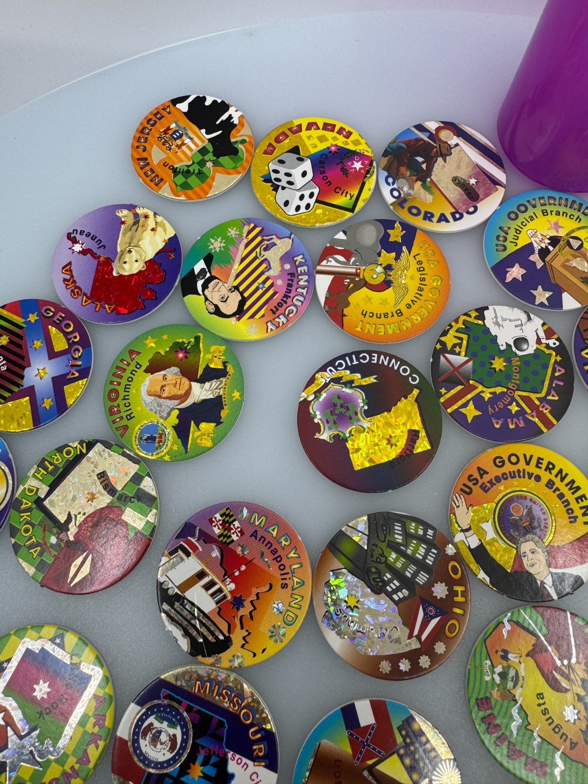 Vintage POGS incomplete Set of Foil States And Government With Rohks Container