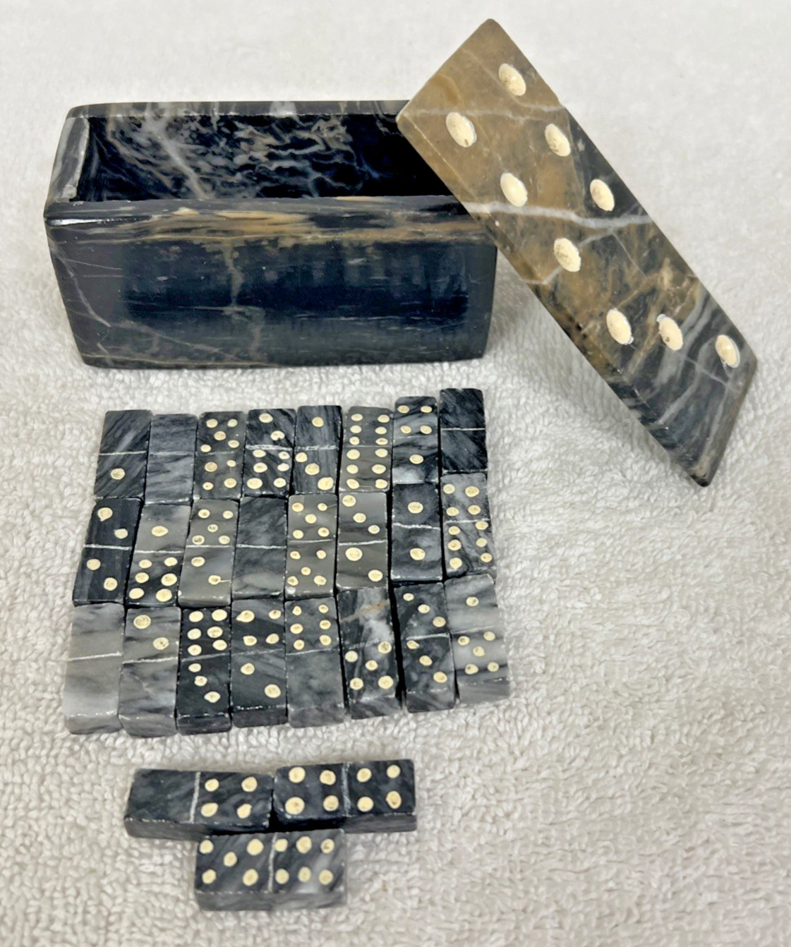 Vintage Handmade Carved Marble Stone Domino Set Box And 27 Pieces