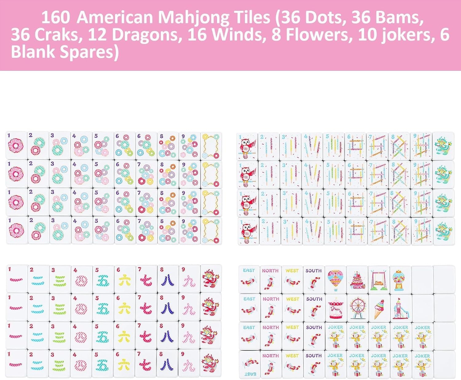160 Pink Printed American Mahjong Game Set with Carrying Bag and Accessories,