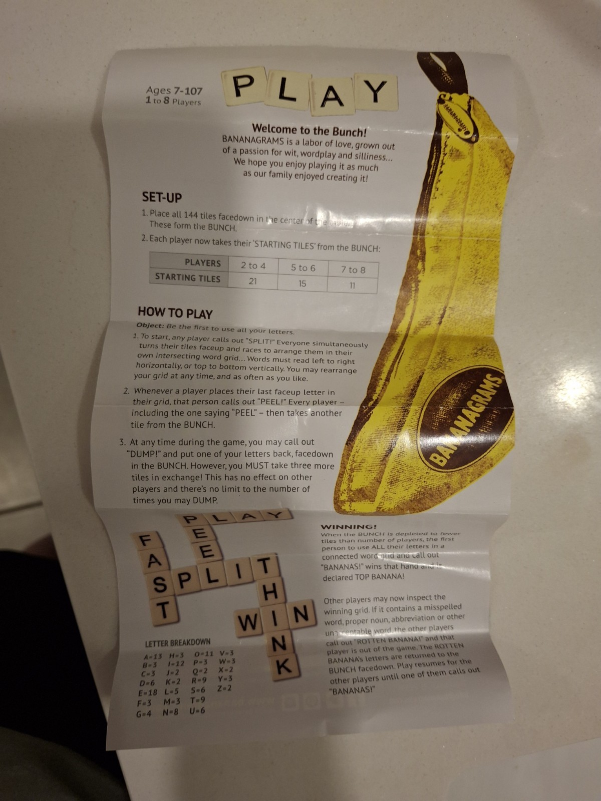Bananagrams Anagram Word Travel Game Complete Set 144 Tiles 1+ Players BAN001