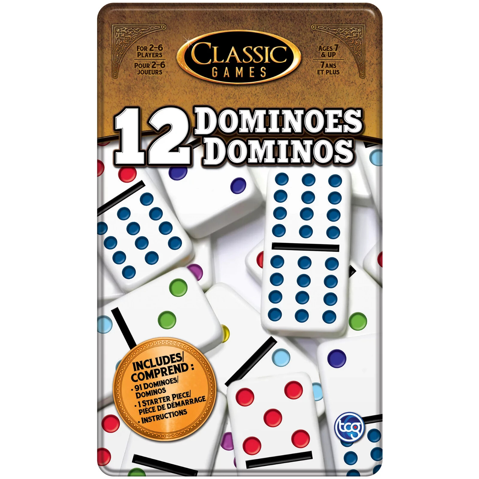 Classic 91 Numbered Domino Tiles Double 12 Dominoes in Tin Can- Classic Game