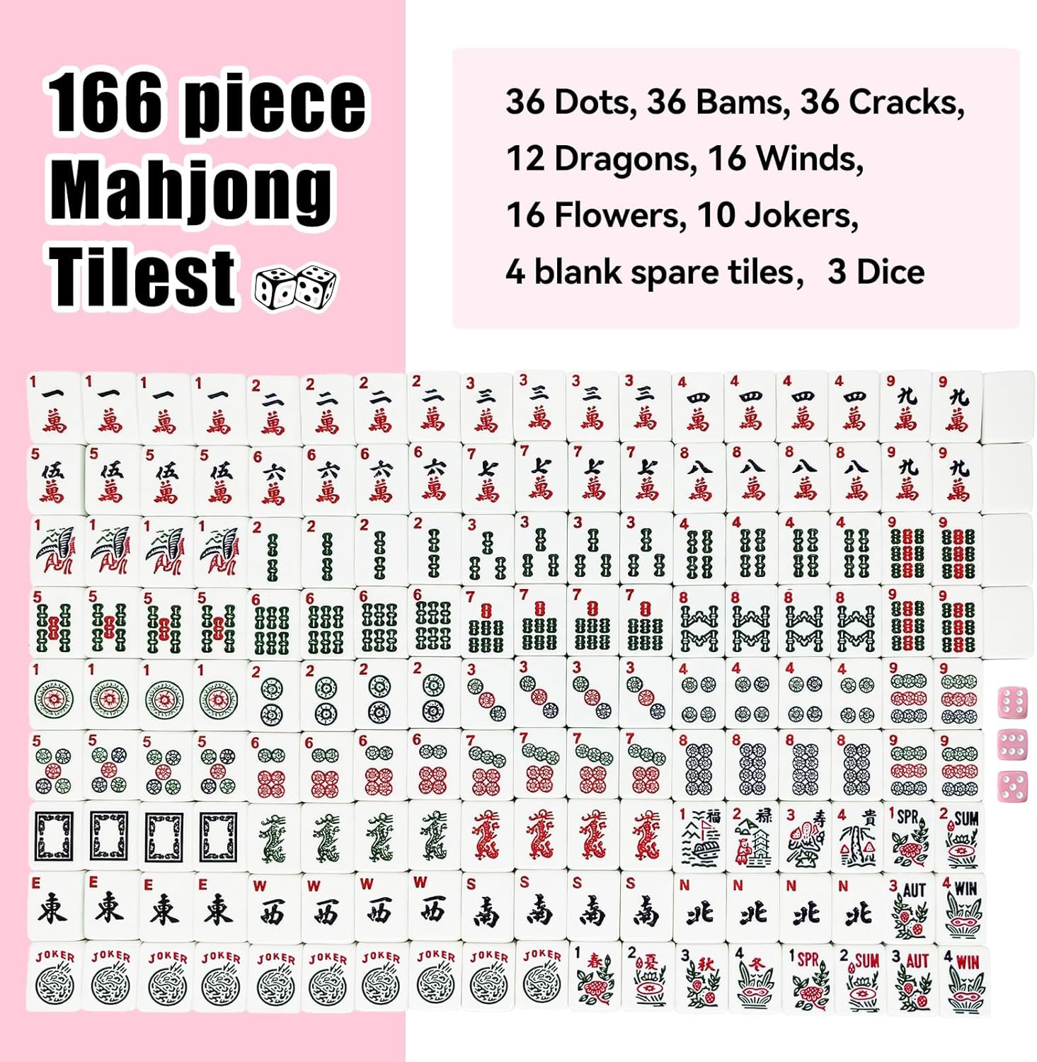 American Mahjong Tiles Set, 166 Pink Mahjong Tiles 1.2 Inch with Carrying Bag an