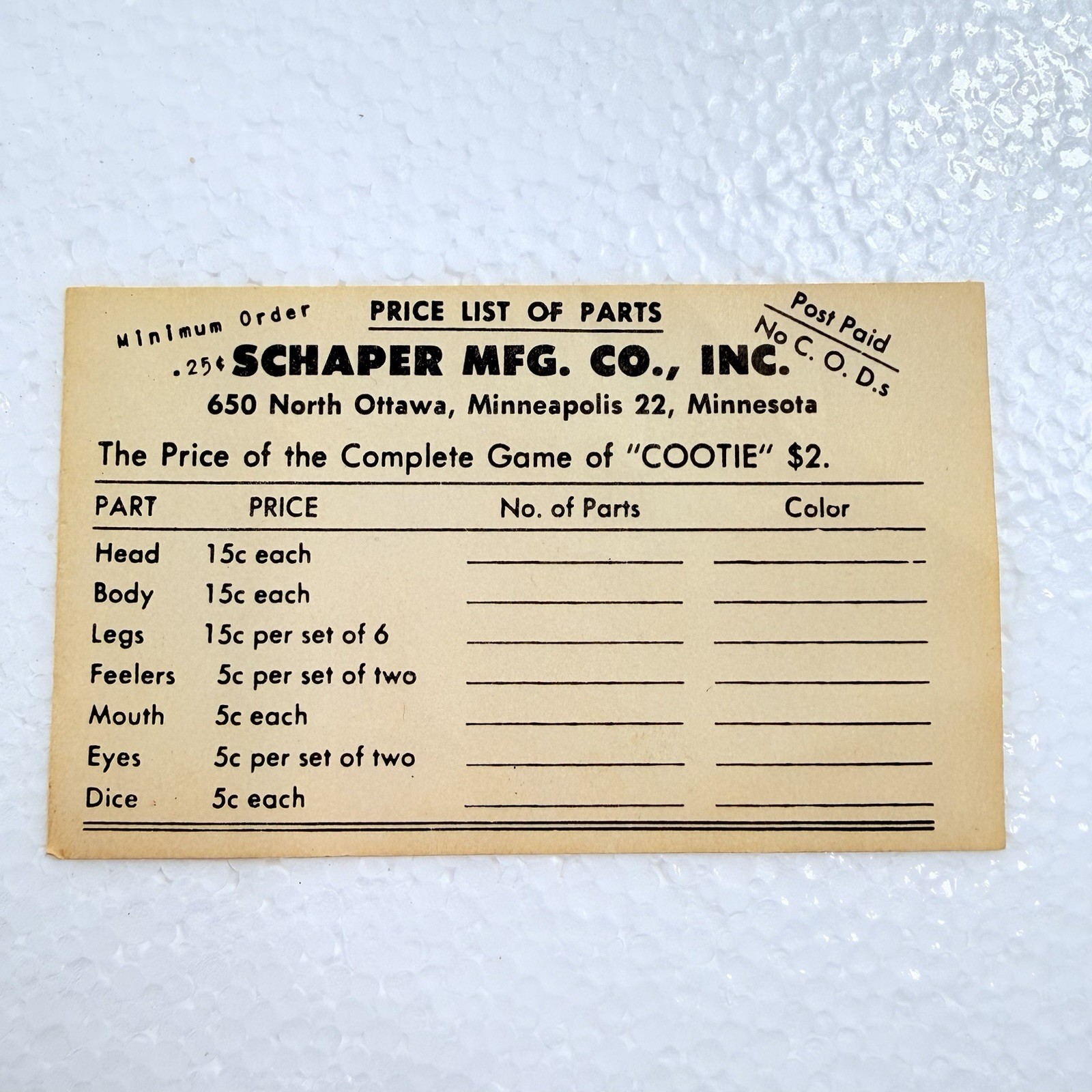 Vintage Schaper Manufacturing Co. 1949 The Game Of Deluxe 6 COOTIE Near Complete