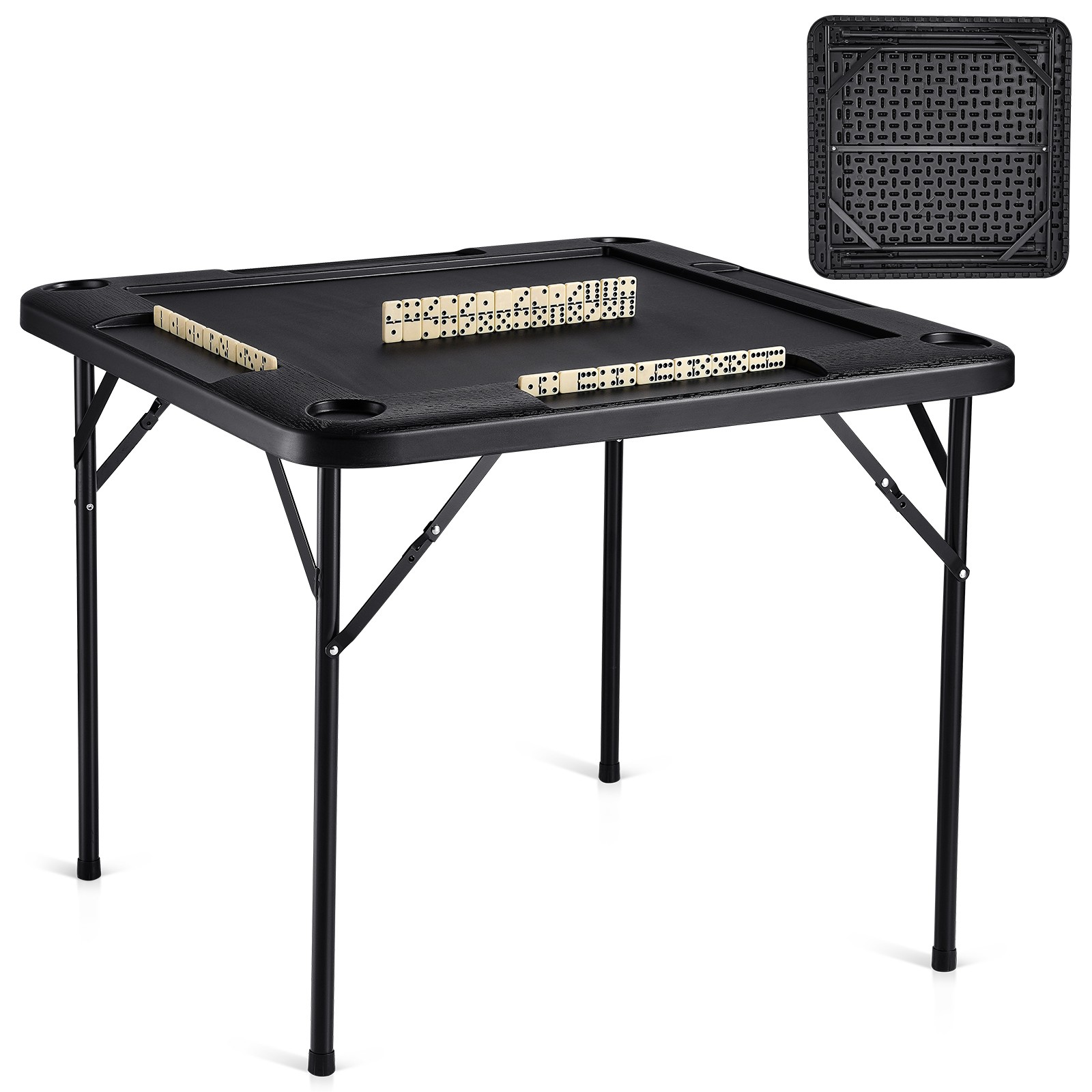 Uimoso Mahjong Table 4Player Folding Card Table & 4 Cup Holders Chip Trays Black