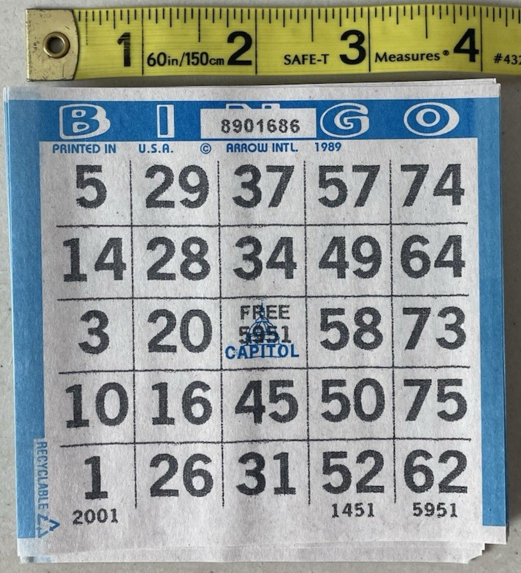 600 PAPER Bingo Cards by Capital Games Square 1 On Single Sheets 6 Asst Colors