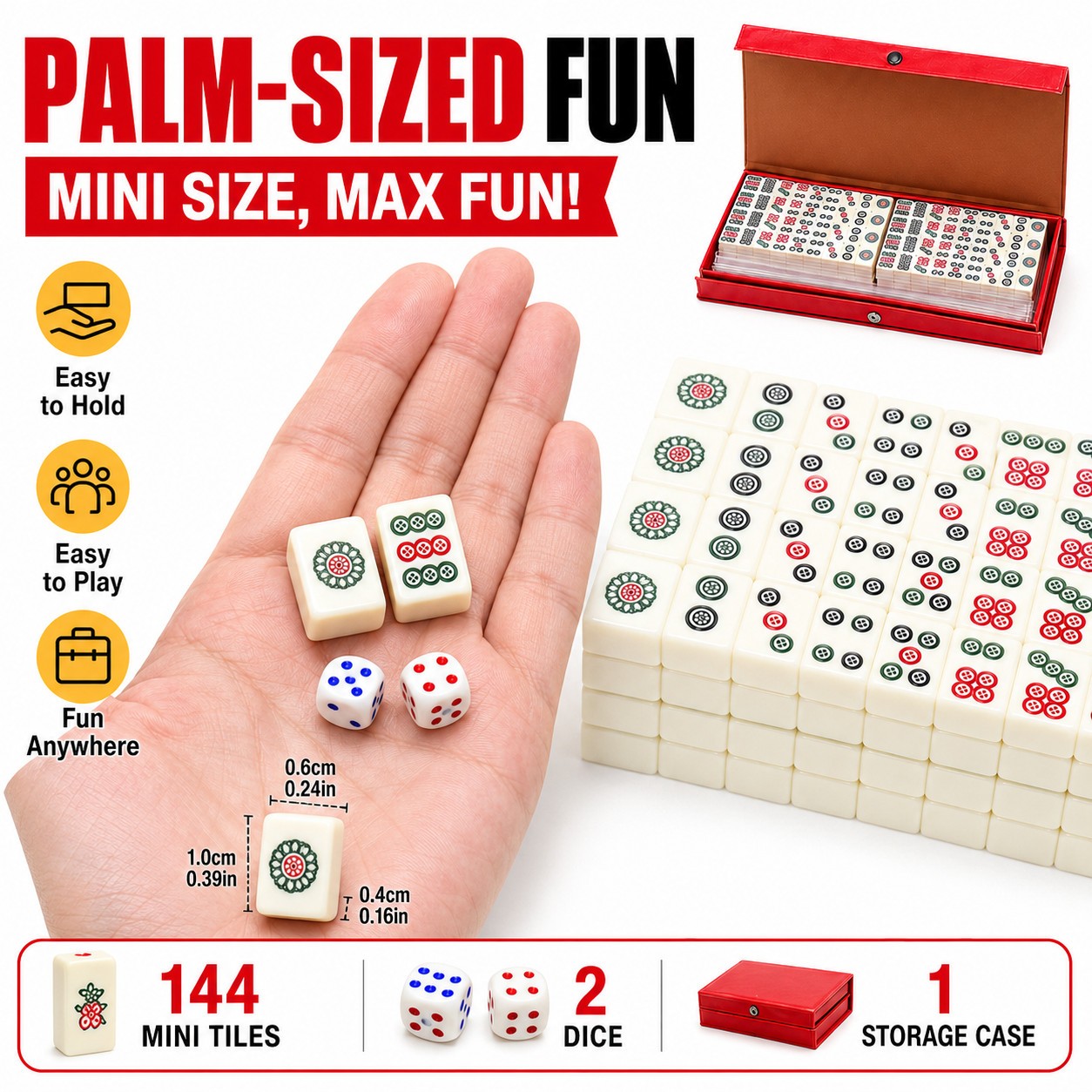 Travel Mini Mahjong Set 144 Tiles 2 Dice Red Carry Case Family Tabletop Game Toy
