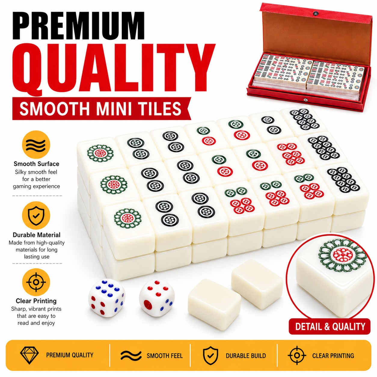 Travel Mini Mahjong Set 144 Tiles 2 Dice Red Carry Case Family Tabletop Game Toy