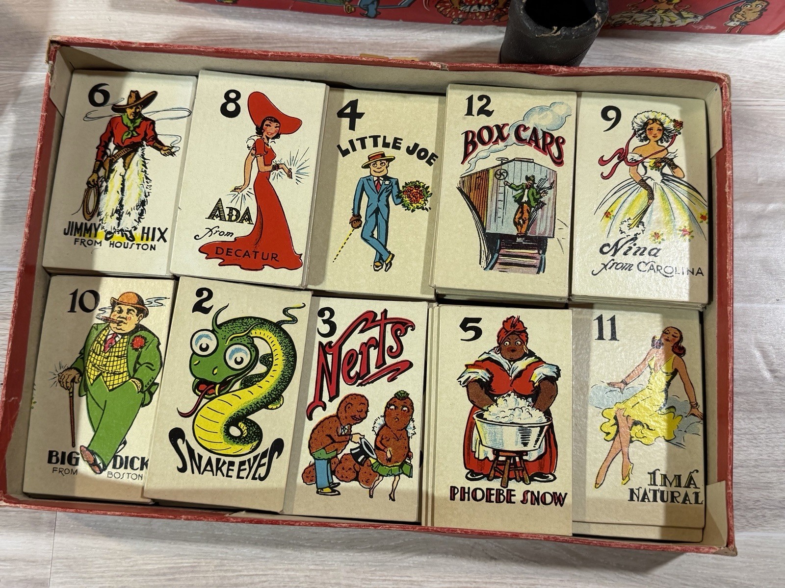 Vintage”Snake Eyes” card and dice game from the 1930s, by Selchow & Righter Co.