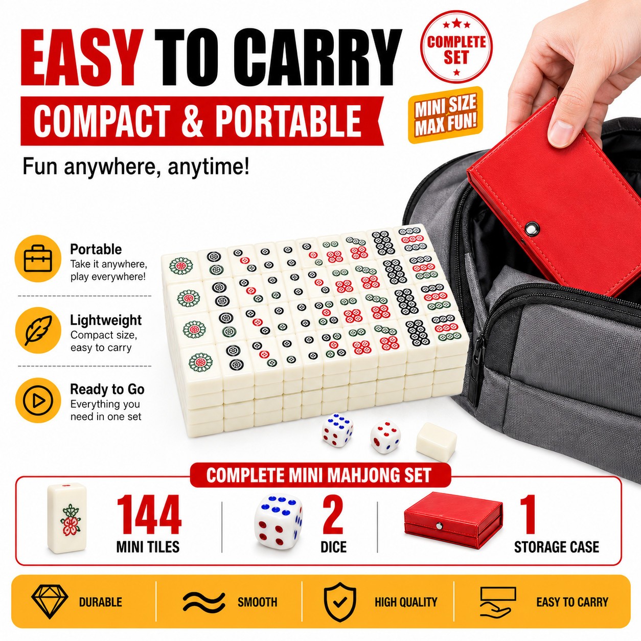 Travel Mini Mahjong Set 144 Tiles 2 Dice Red Carry Case Family Tabletop Game Toy