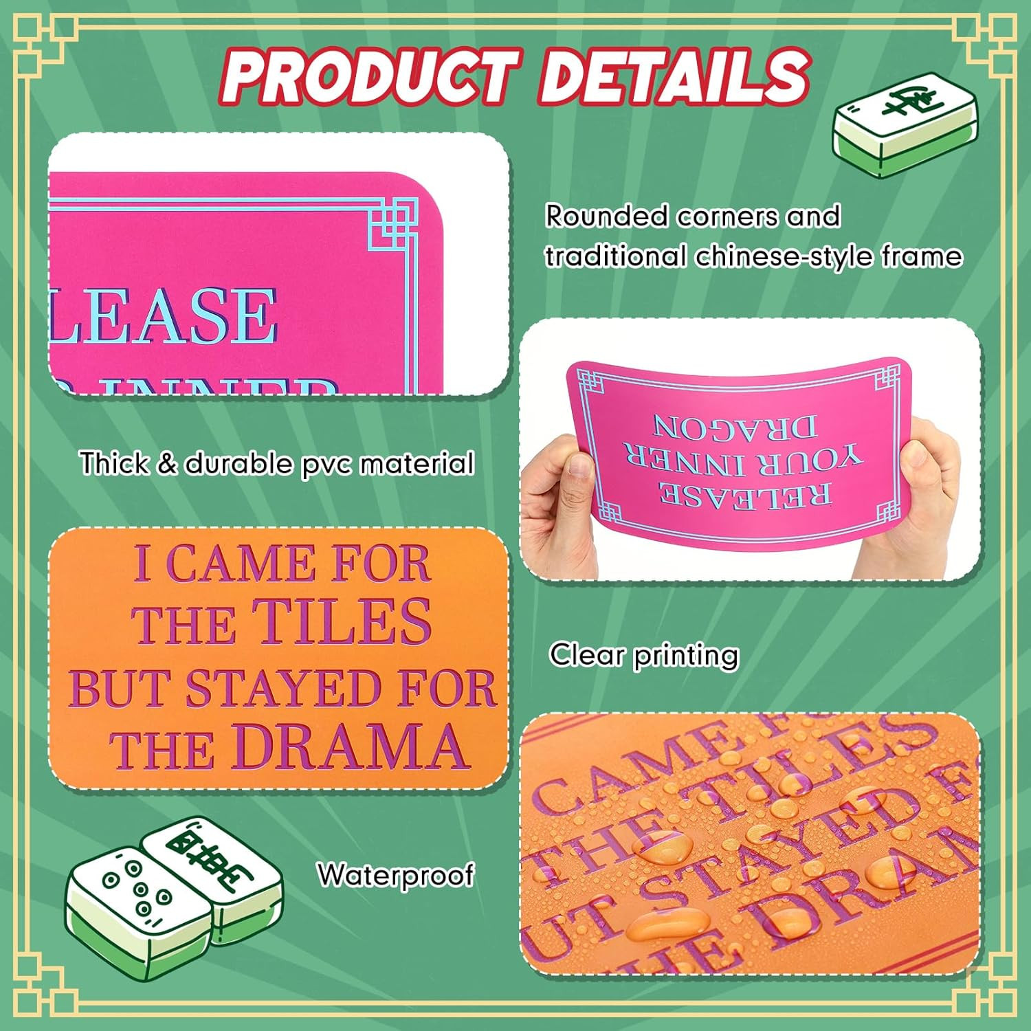 Mahjong Tile Shuffler Set with Traditional Frame and Fun Sayings, 4 Pieces