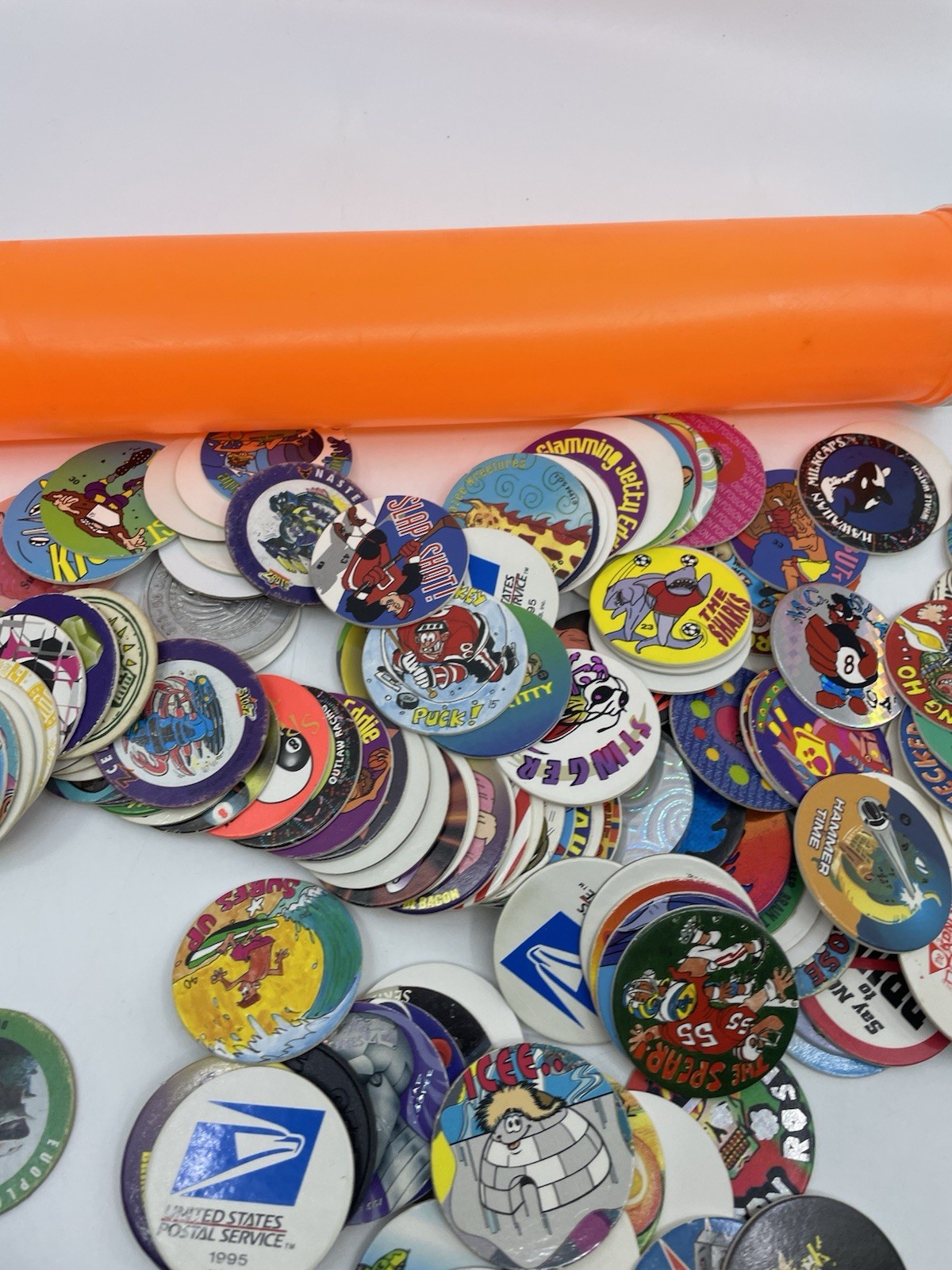 VTG Pogs Milkcaps Lot 149 90s 8-Ball Slammer Game Pieces W/ Pog Container