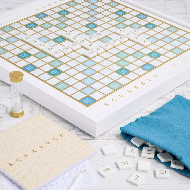 WS Game Company Scrabble Bianco Edition with Rotating Wooden Game Board New
