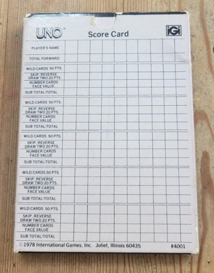 New Vintage 1978 UNO Game Score Pad 100 Double Score Cards Sheets #4001 iGi NOS