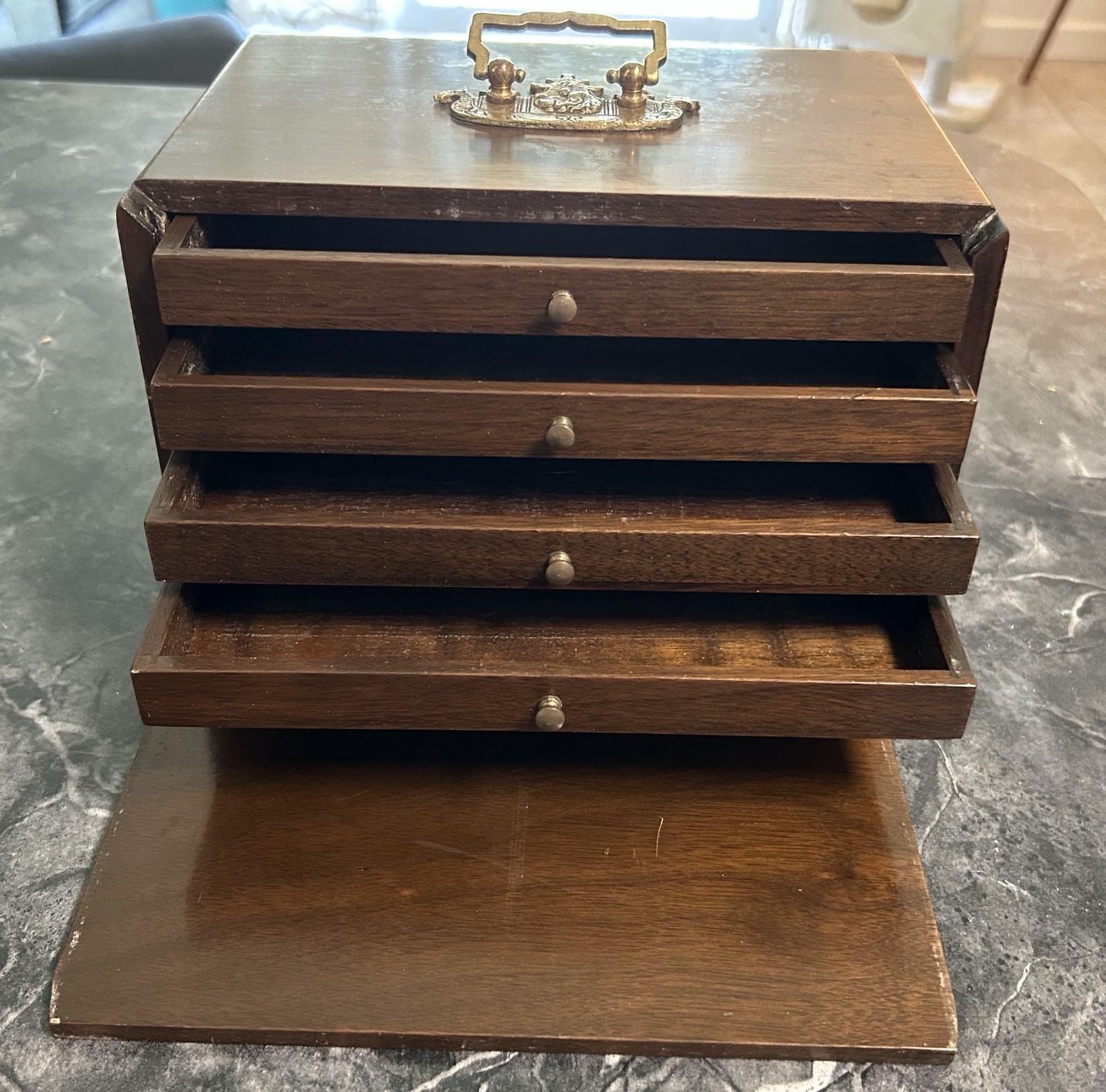 VERY NICE Antique Vintage Chinese Mahjong Wood Brass Drawers Case Box ONLY