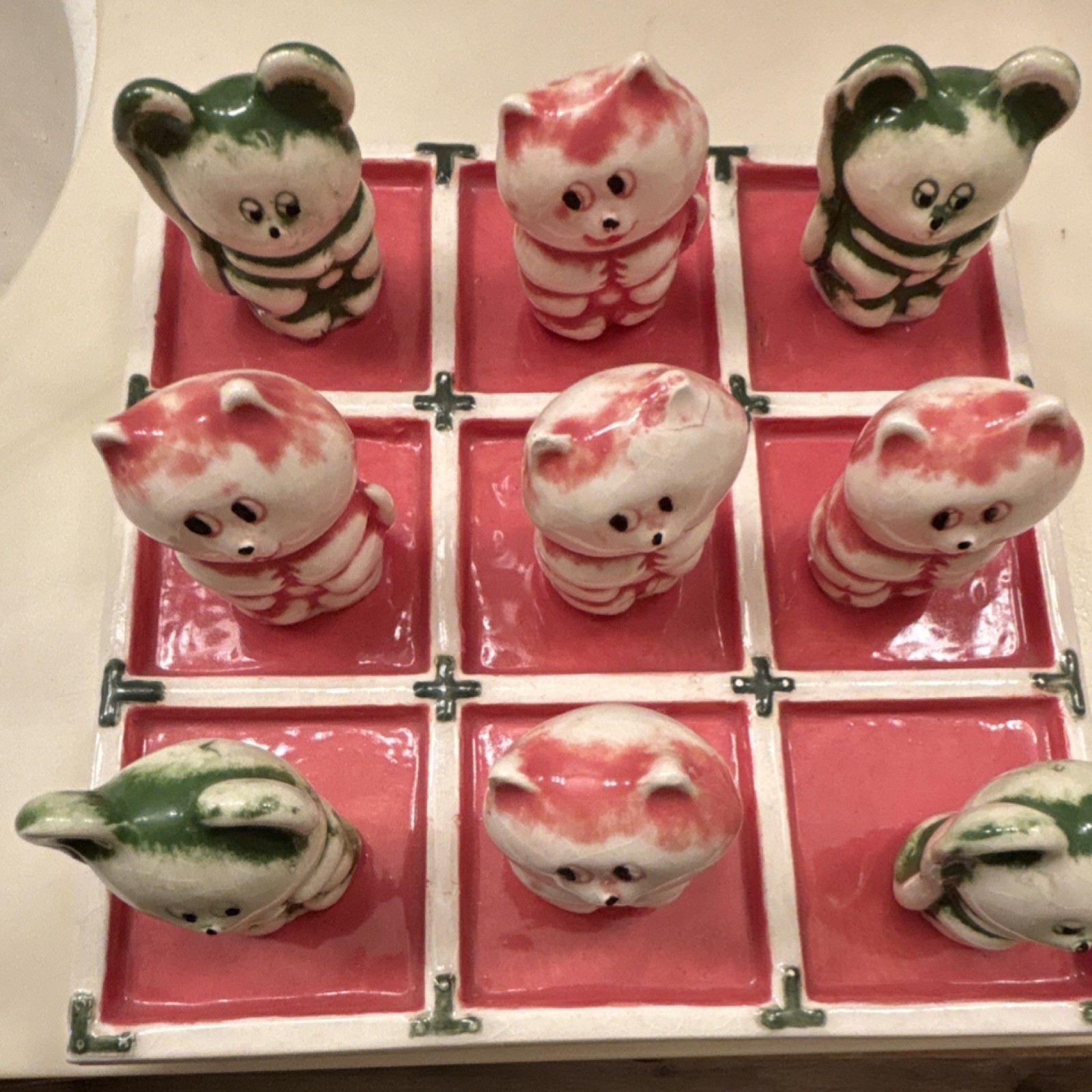 Ceramic Tic Tac Toe Board Game with Cat & Bear Figurines, Vintage Style