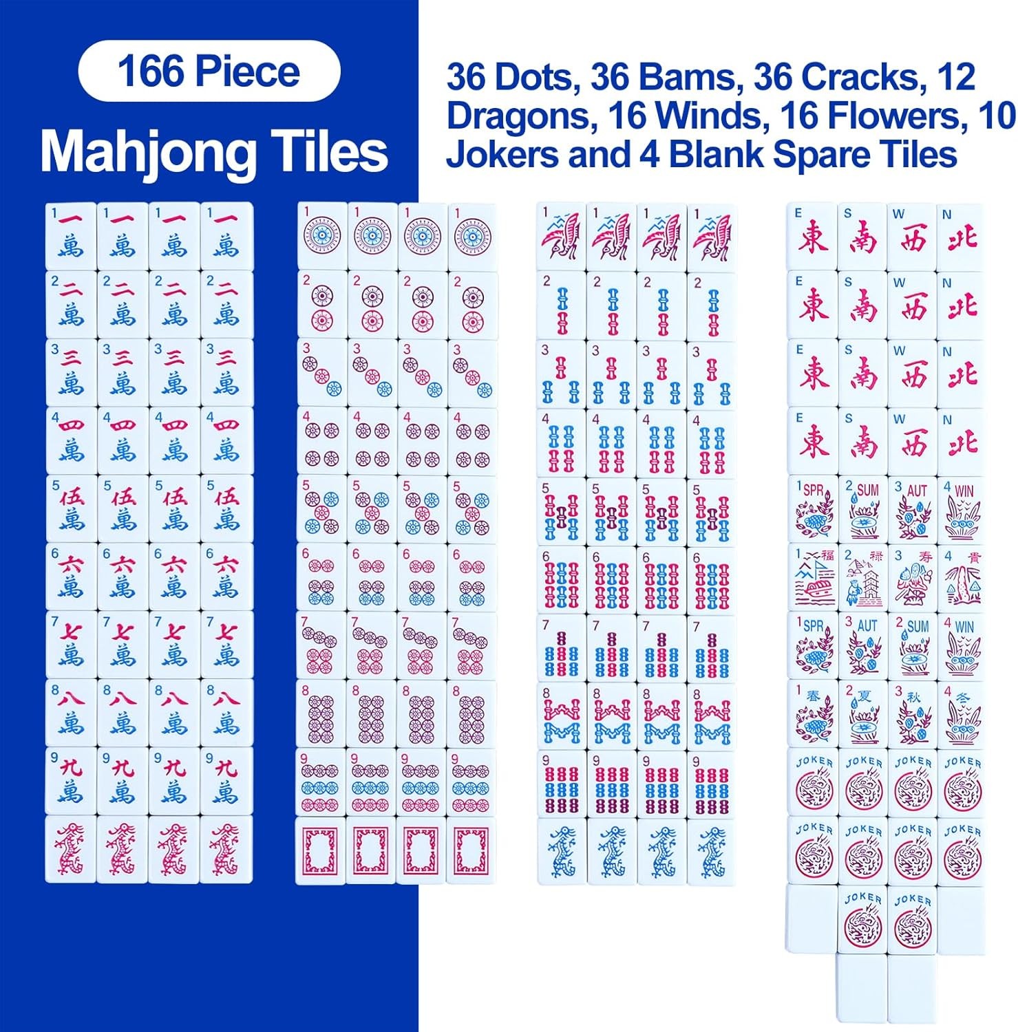 American Mahjong Set: 166 Dark Blue Tiles, 4 Clear Racks with Pushers, Mahjong B