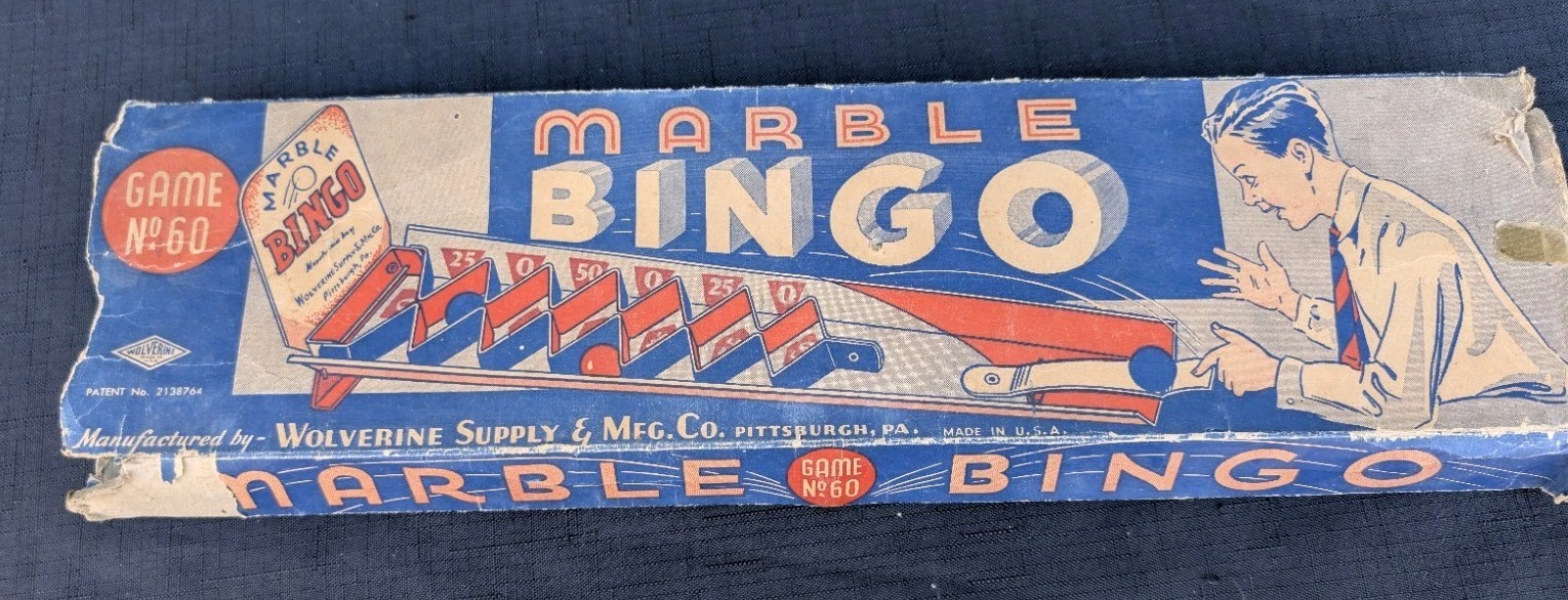 Vintage antique Wolverine No. 60 Marble Bingo Tin litho Toy Game w/ Original Box