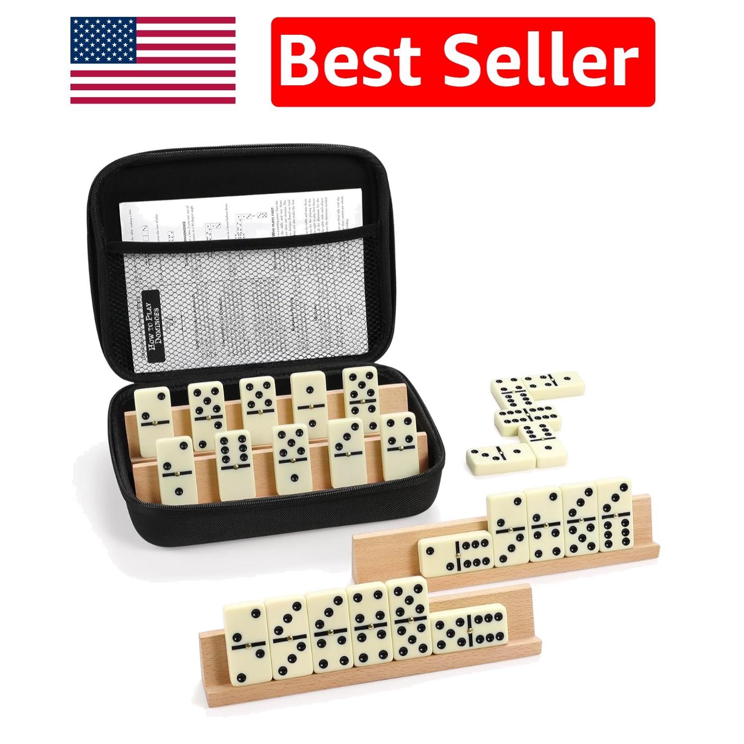 Deluxe Jumbo Dominoes Set for Adults with 4 Beech Racks & Eco-Friendly Tiles